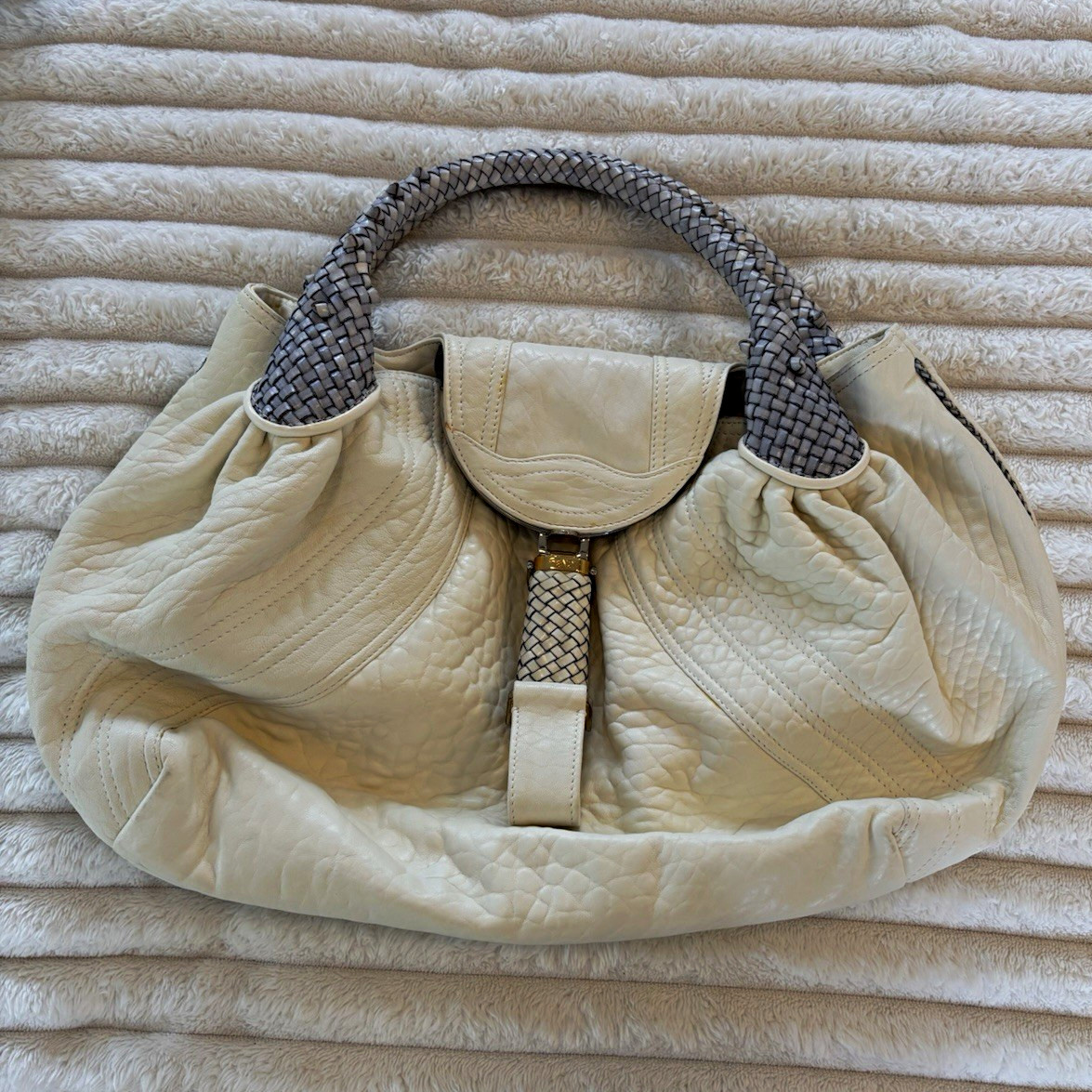 Fendi Ivory Zucca Satchel Top Handle Braided Gray Handles Gold Hardware