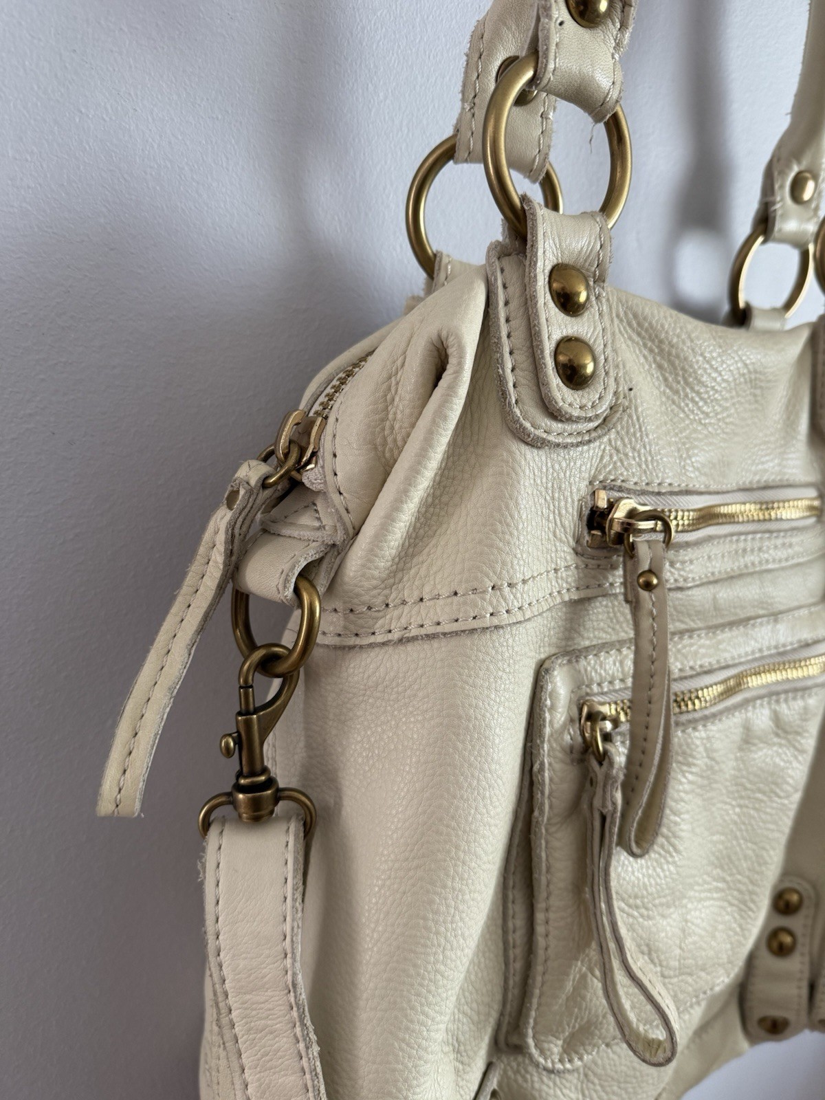 Linea Pelle Dylan Tote Leather Crossover Shoulder Bag Purse Cream