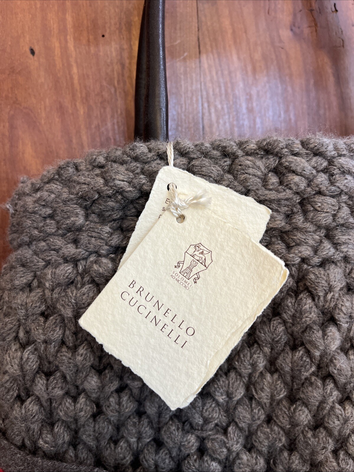 Brunello Cucinelli Cashmere Knitted Purse Leather Handles Drawstring Closure