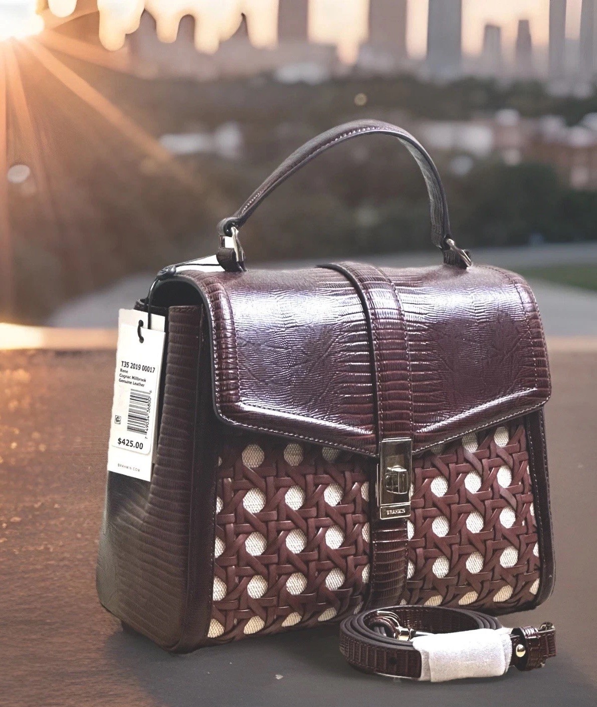 BRAHMIN RENE COGNAC MILLBROOK BROWN LIZARD LEATHER WOVEN ACCTS SATCHEL HANDBAG