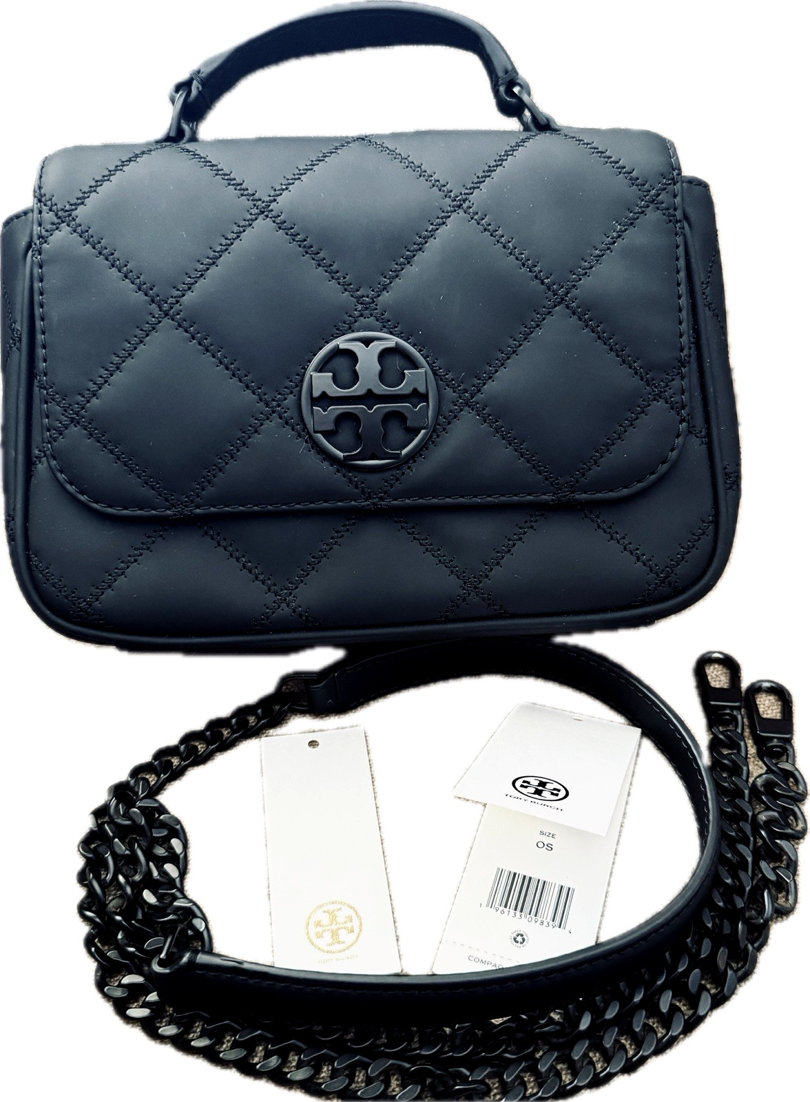 Tory Burch Willa Mini Top Handle Bag Matte Black Quilted Crossbody Unused $528