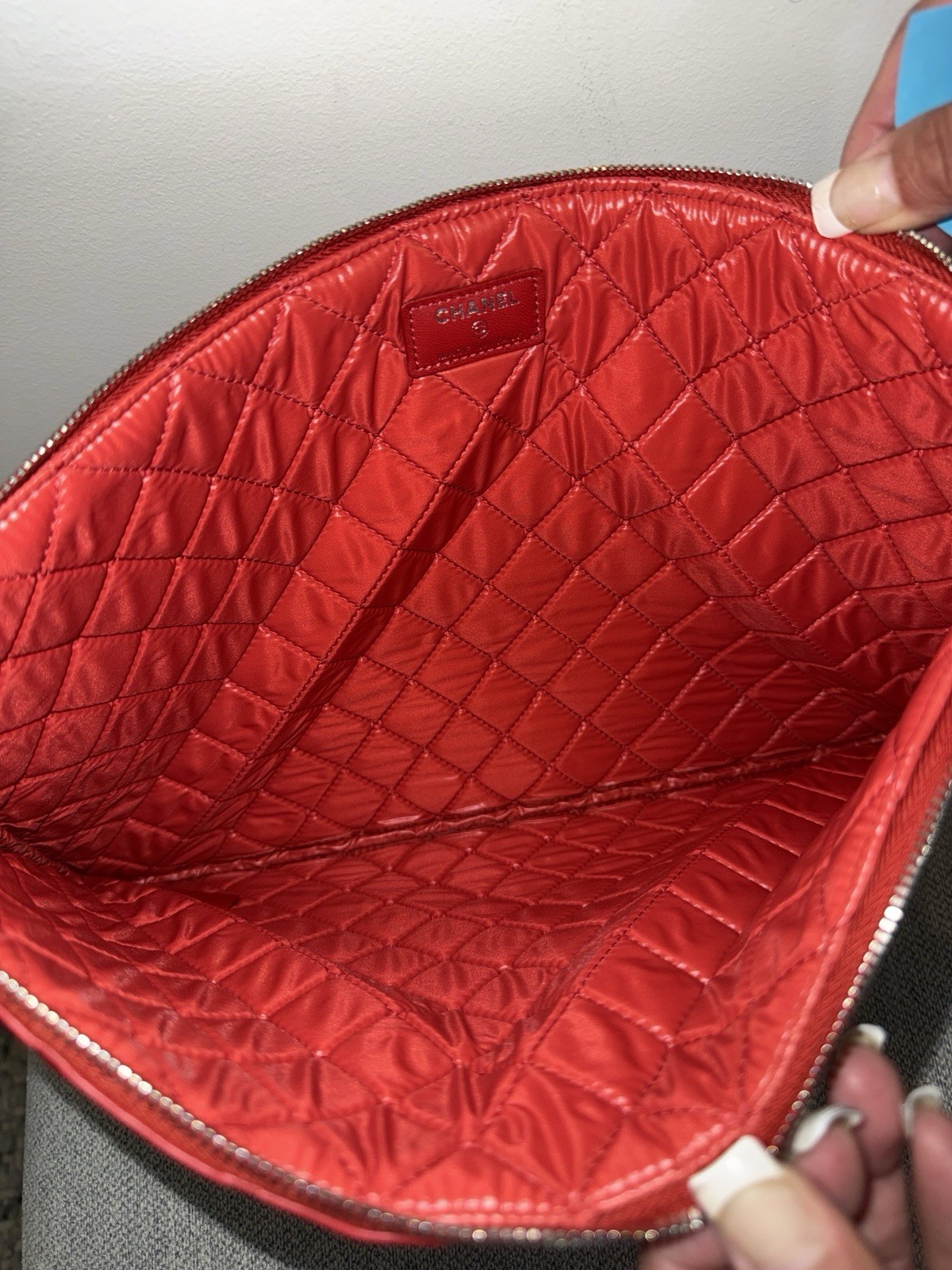 Red Quilted Zip Clutch Rectangle Solid Silver Hardware Lined Inner Pockets