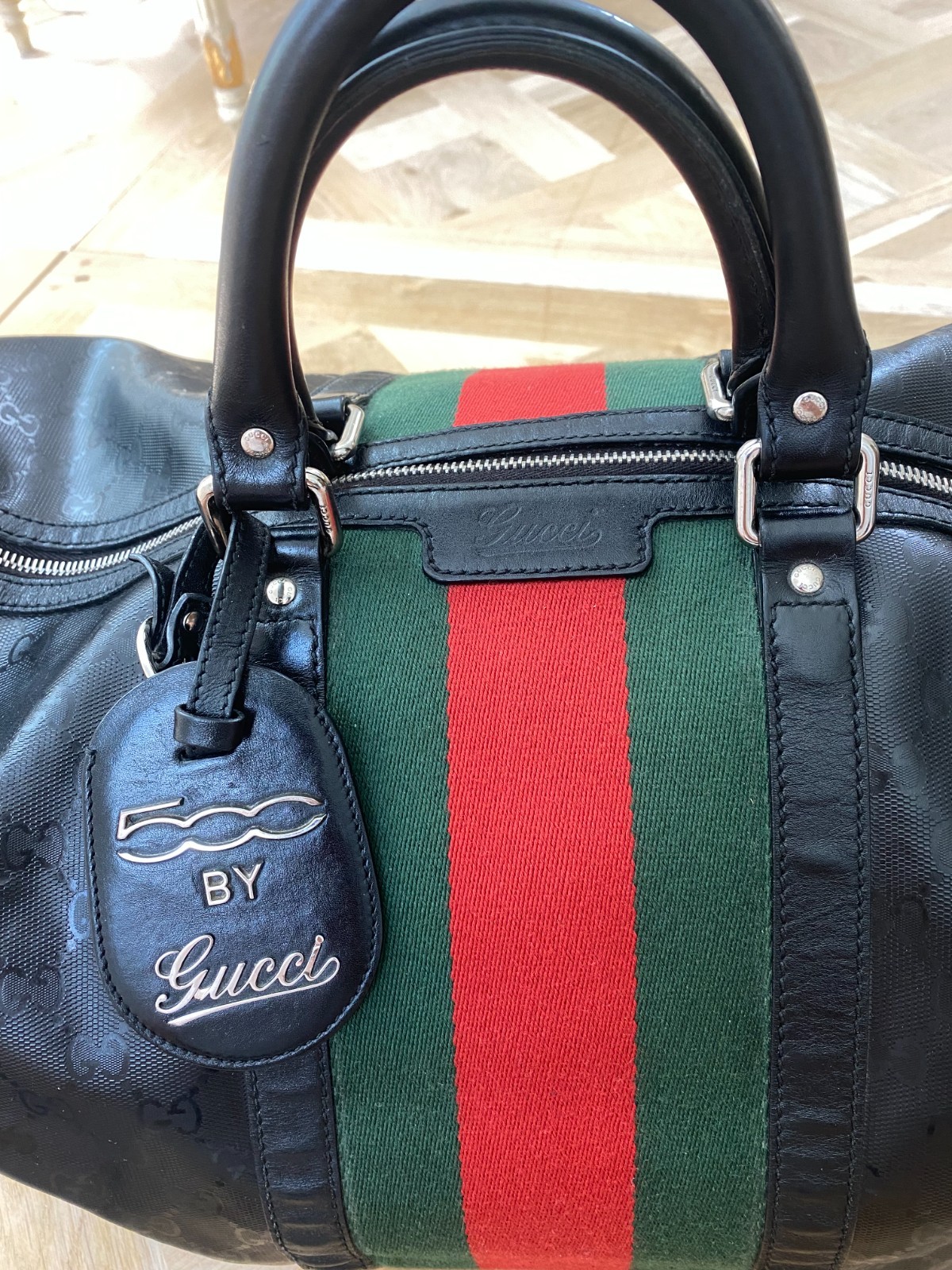 Gucci Fiat 500 Black GG Monogram Imprime Web Duffle Bag + iPad & Blackberry Case
