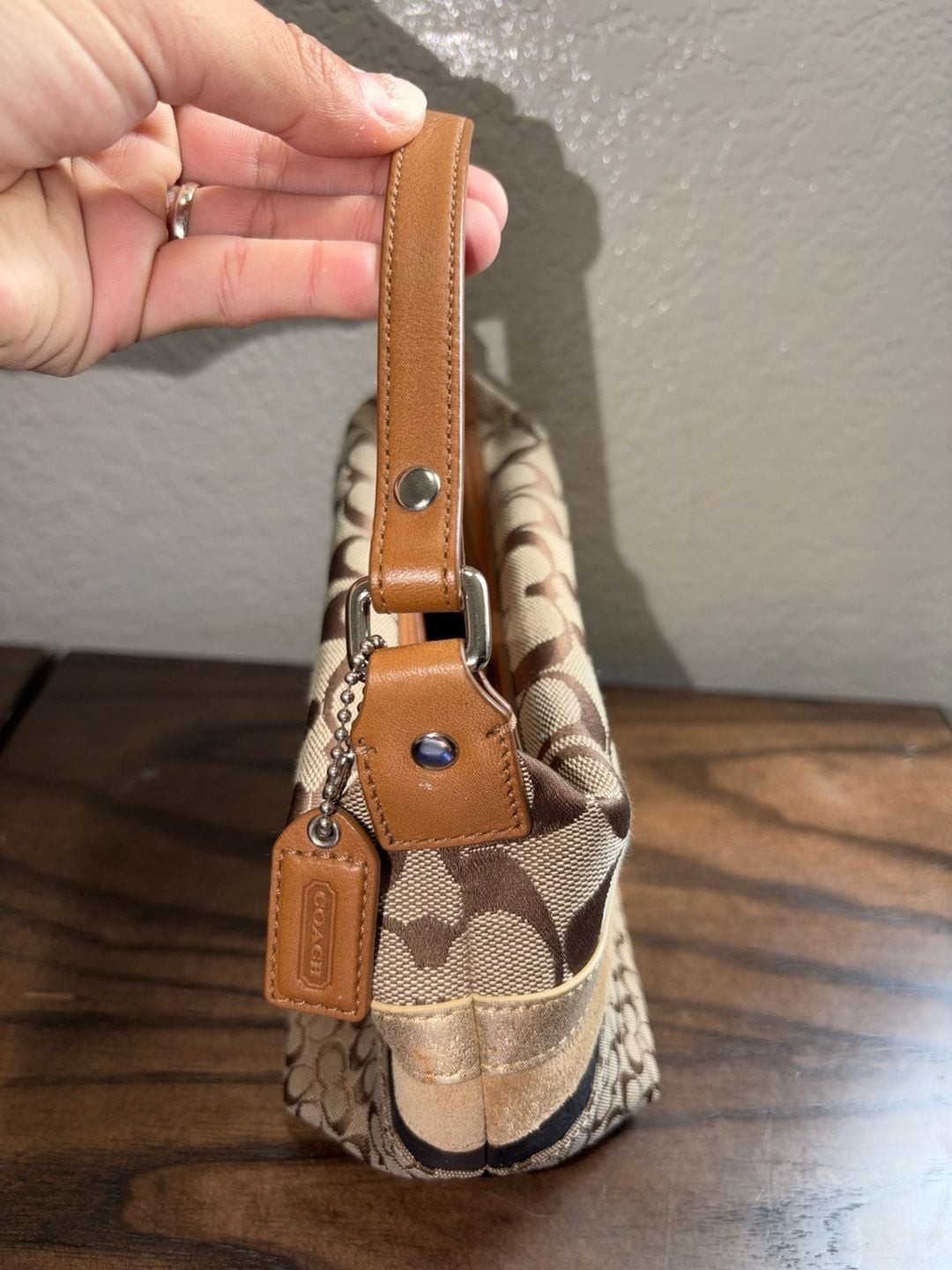 Coach Signature C Logo Canvas and Suede Mini Hobo Bag