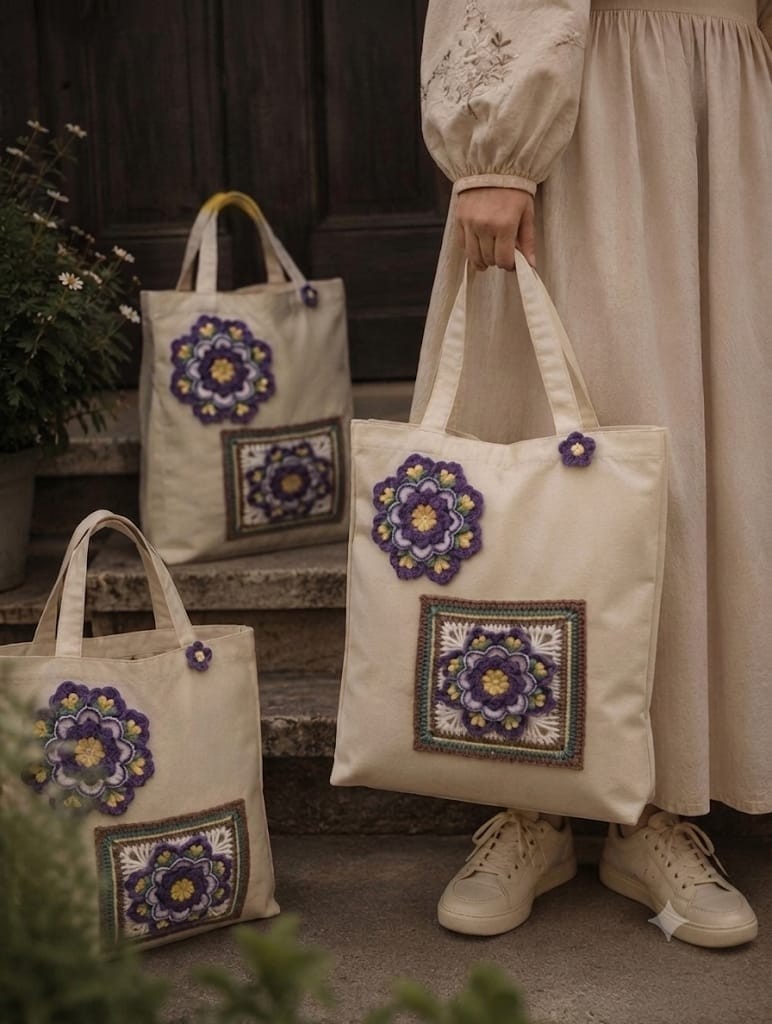 Handmade Floral Crochet Tote Bag – Unique Linen Everyday Shoulder Bag
