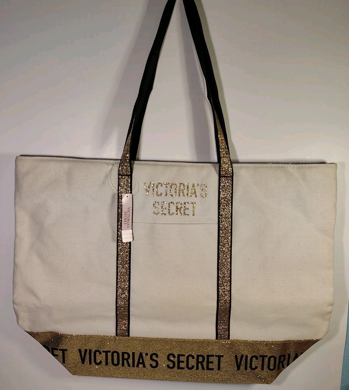 Victoria’s Secret Canvas Tote Gold Glitter Logo Bottom Panel & Straps New W/Tags