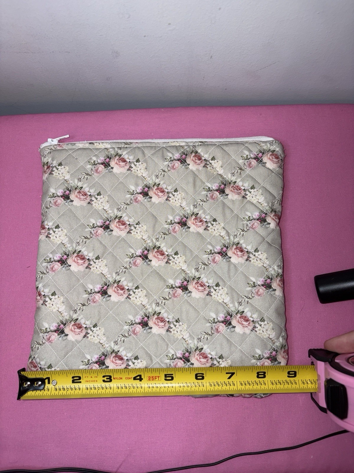 Green and Pink Floral Quilted Pouch with Zipper Closure