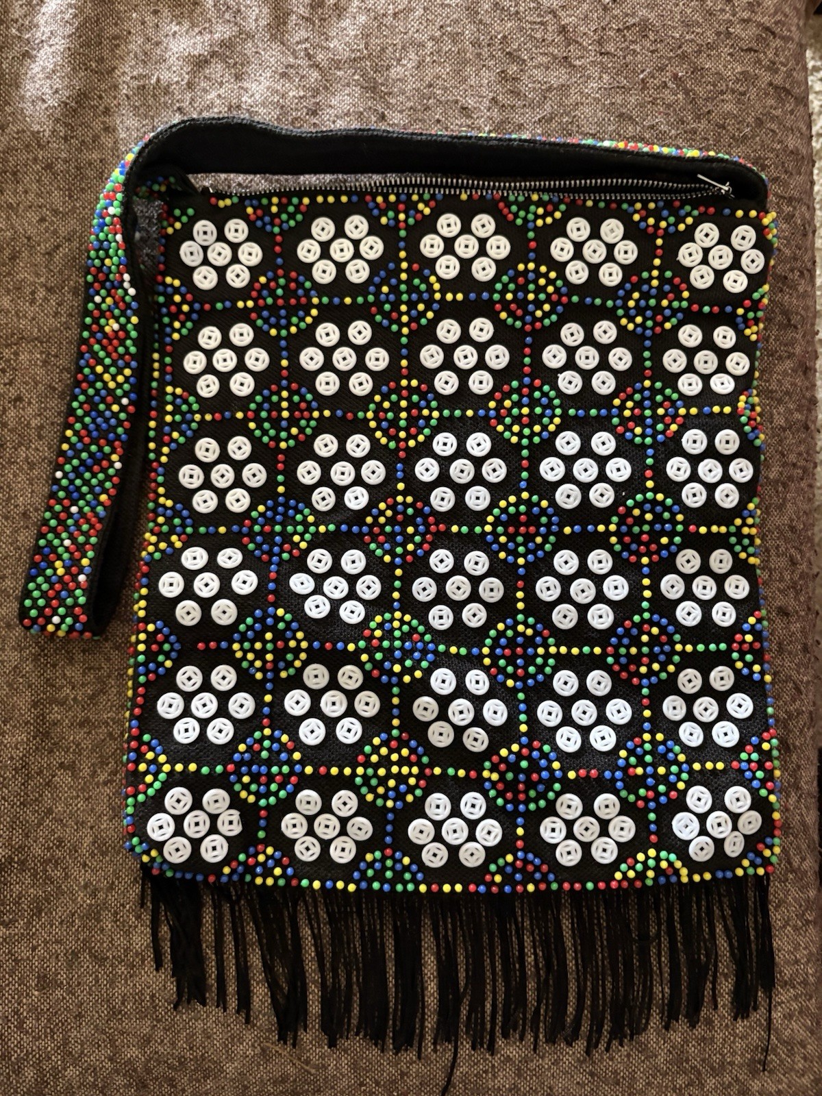 Vintage Handmade Beaded Shoulder Bag Black Multicolor Button, Fringe, Zip, Boho