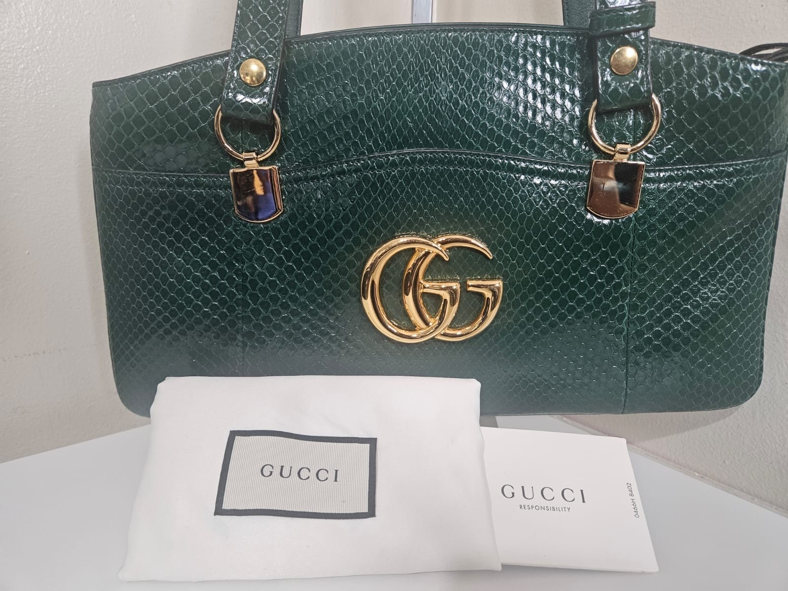 Gucci Large Arli Top Handle Shoulder Bag Green Python Snakeskin Gold GG 550130