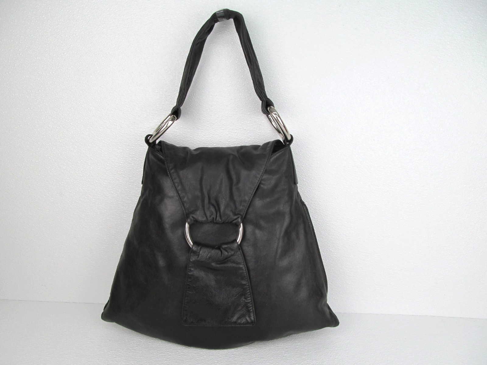 HOBO International Black Leather Shoulder Bag Handbag Flap Closure Metal Ring