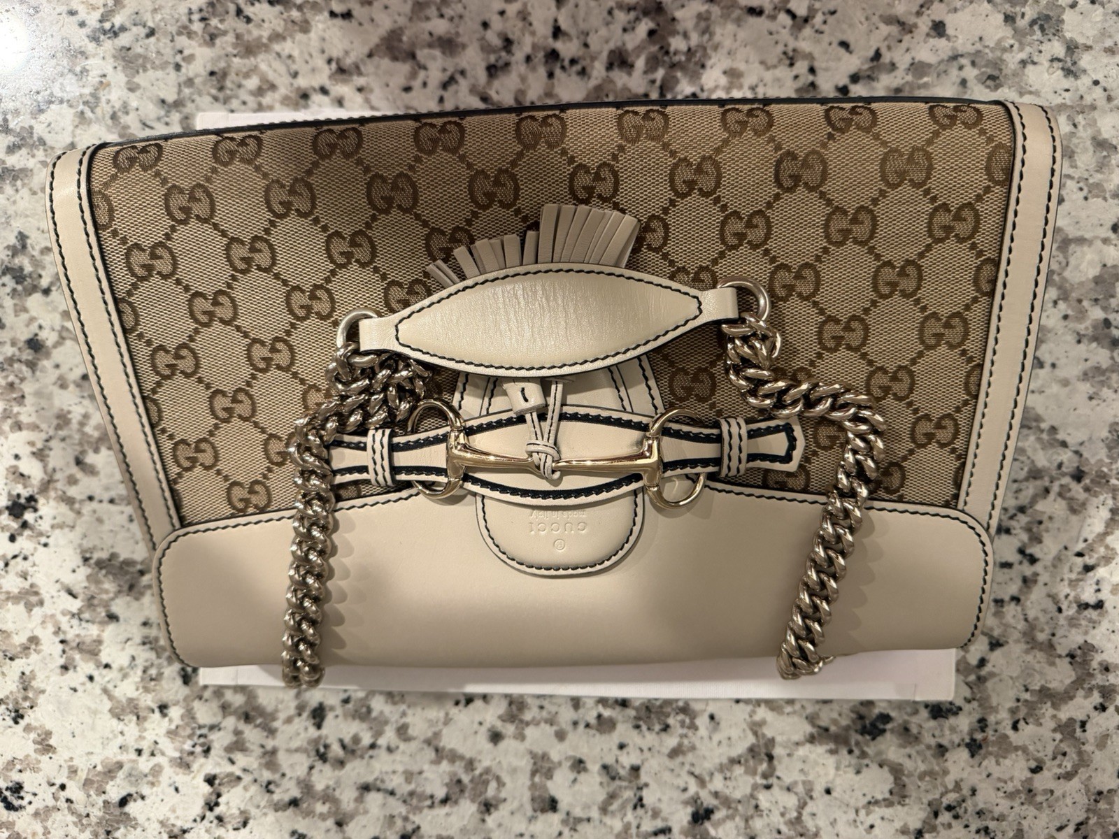 Gucci Emily Horsebit GG Canvas Leather Shoulder Bag White SA