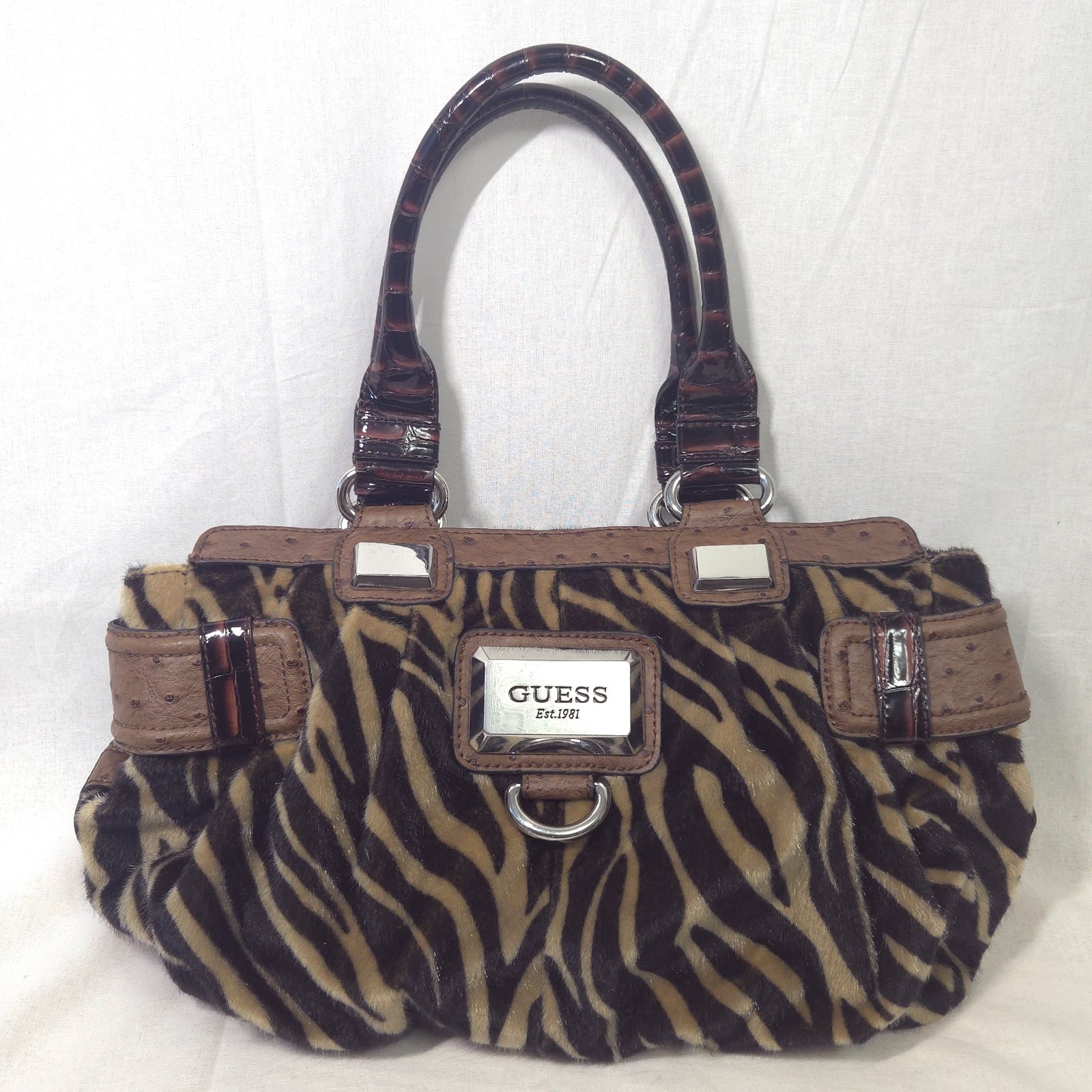 Y2K Vintage Guess Tiger Stripe Print Shoulder Bag Faux Fur
