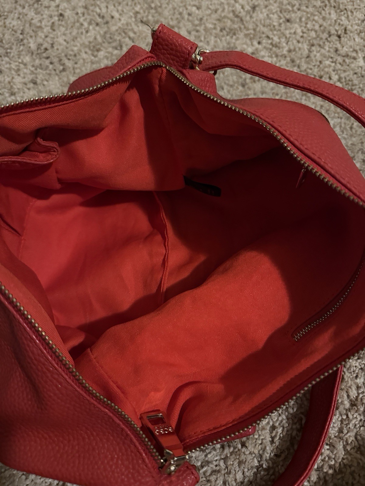 BCBG Paris Red Pebbled Shoulder Bag, Zip Top, Gold Hardware, Inner Pockets