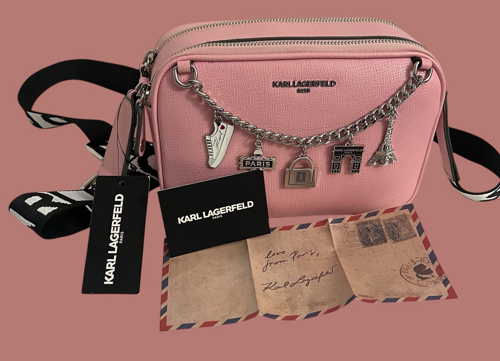 KARL LAGERFELD PARIS Crossbody Blush Bag With Paris Pendant Chain In Front