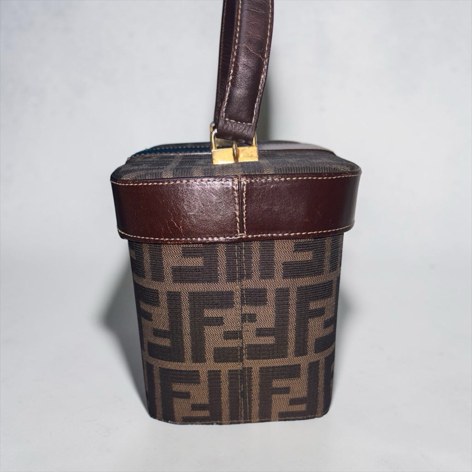 Authentic FENDI Zucca Monogram Vanity Case Box Bag Brown Canvas Gold Hardware