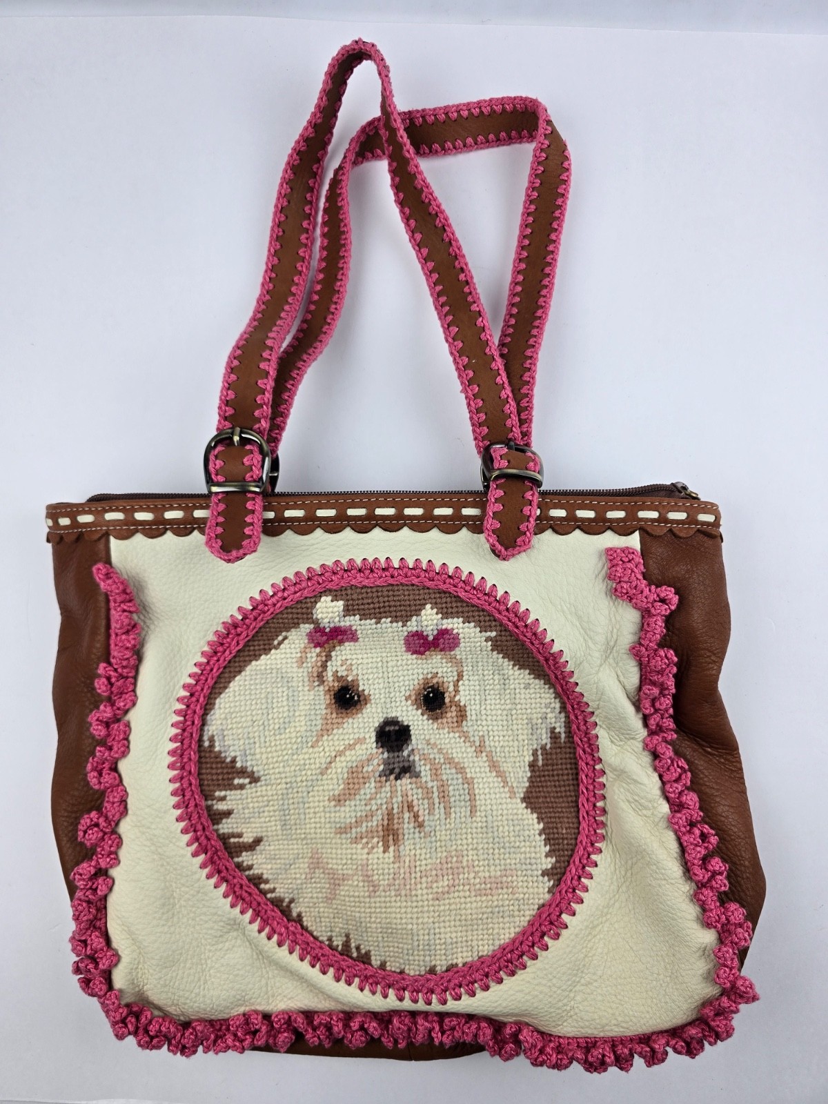 Isabella Fiore Needlepoint Maltese Dog Brown, Cream, Pink Handbag Purse