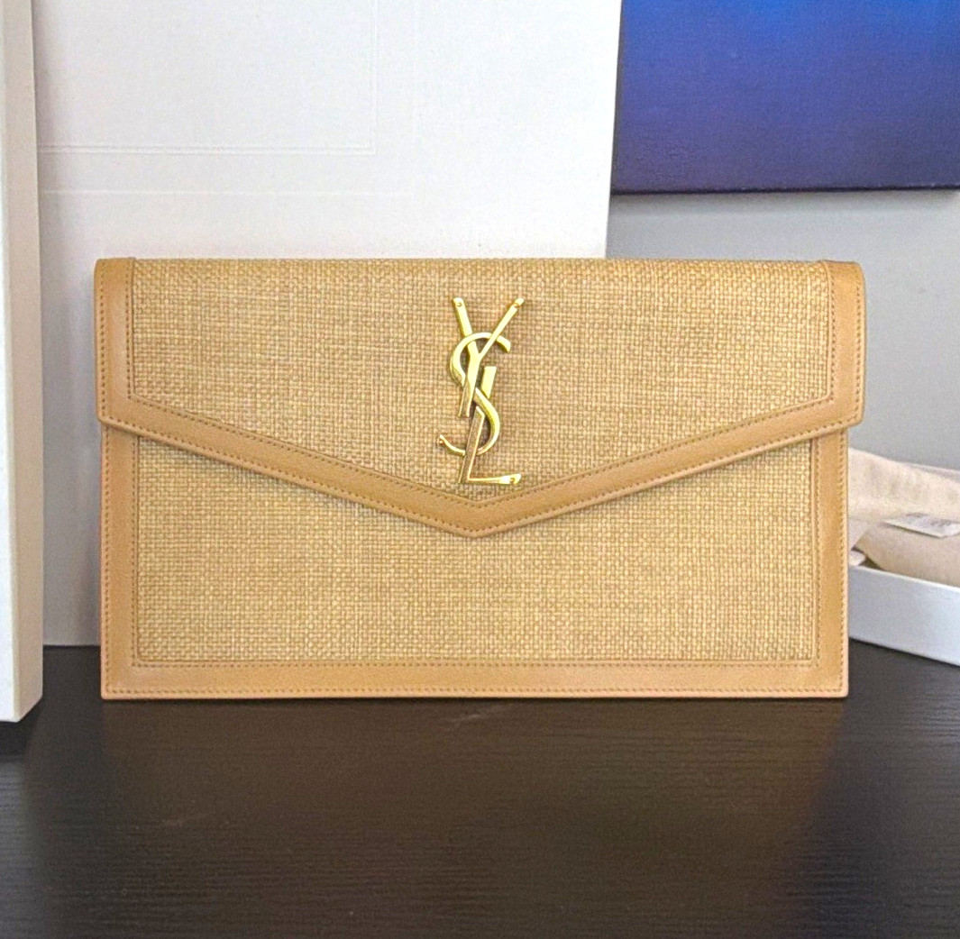 Saint Laurent YSL Medium Beige Clutch Gold Logo Magnetic Close Dust Bag Card