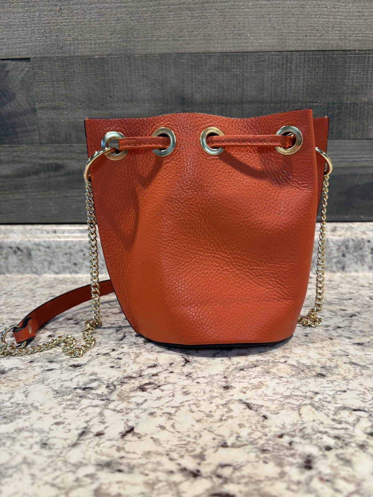 Diva’s bag Italy leather purse Italian handmade bucket orange drawstring