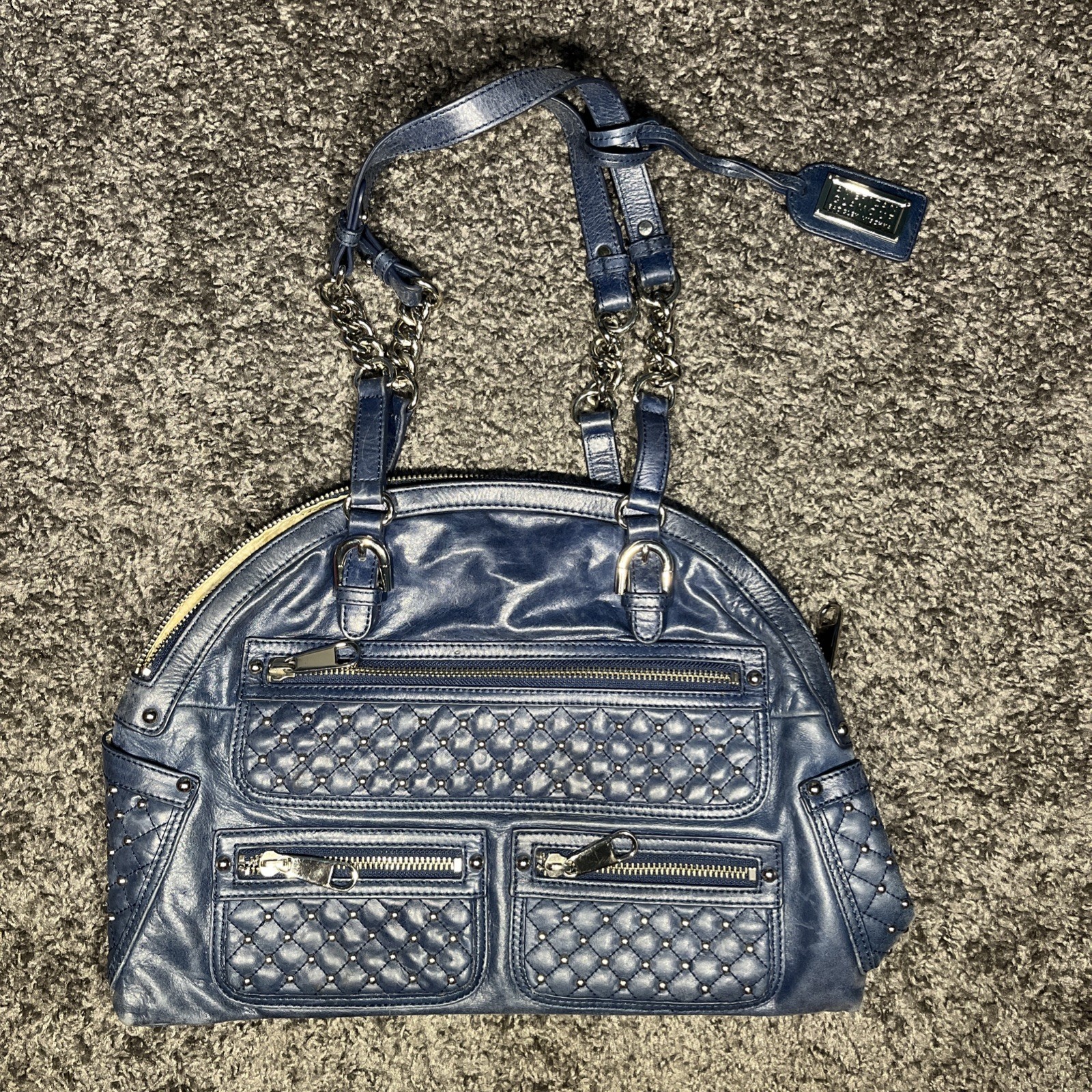 Dark Blue leather studded silver BADGLEY MISCHKA American Glamour shoulder bag