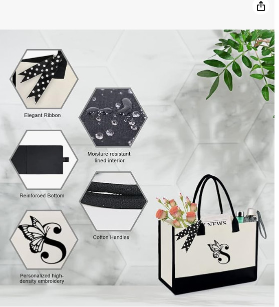 BeeGreen Initial Canvas Tote Bag w Makeup Bag Monogram Beach Tote Bag(Letter C)