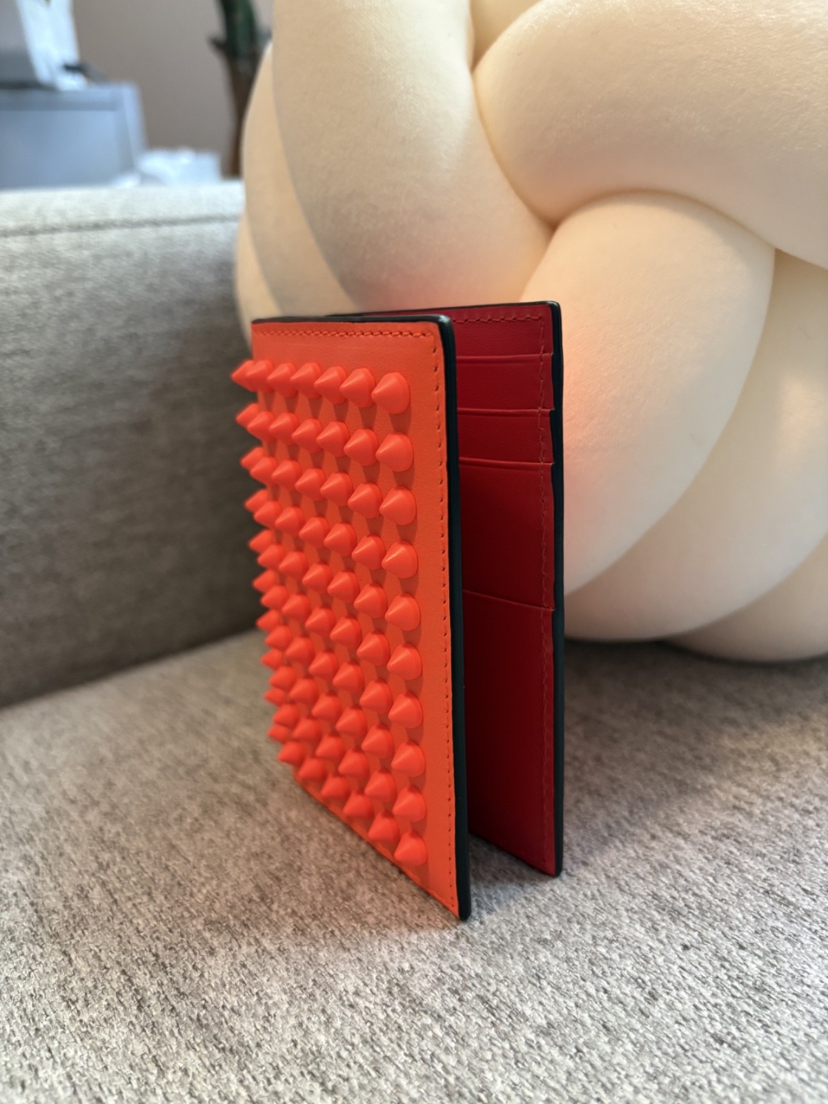 Christian Louboutin Paros Spikes Neon Orange Leather Business Card Holder Wallet