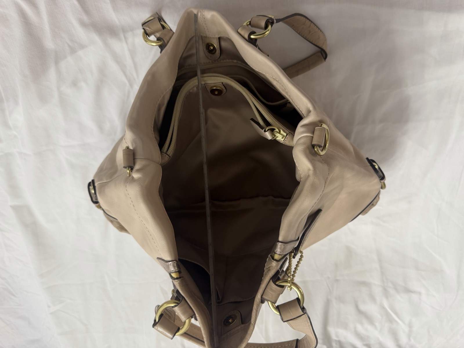 Coach Beige Large Solid Satchel Zip Top Handle Gold Hardware Bag Charm Pockets