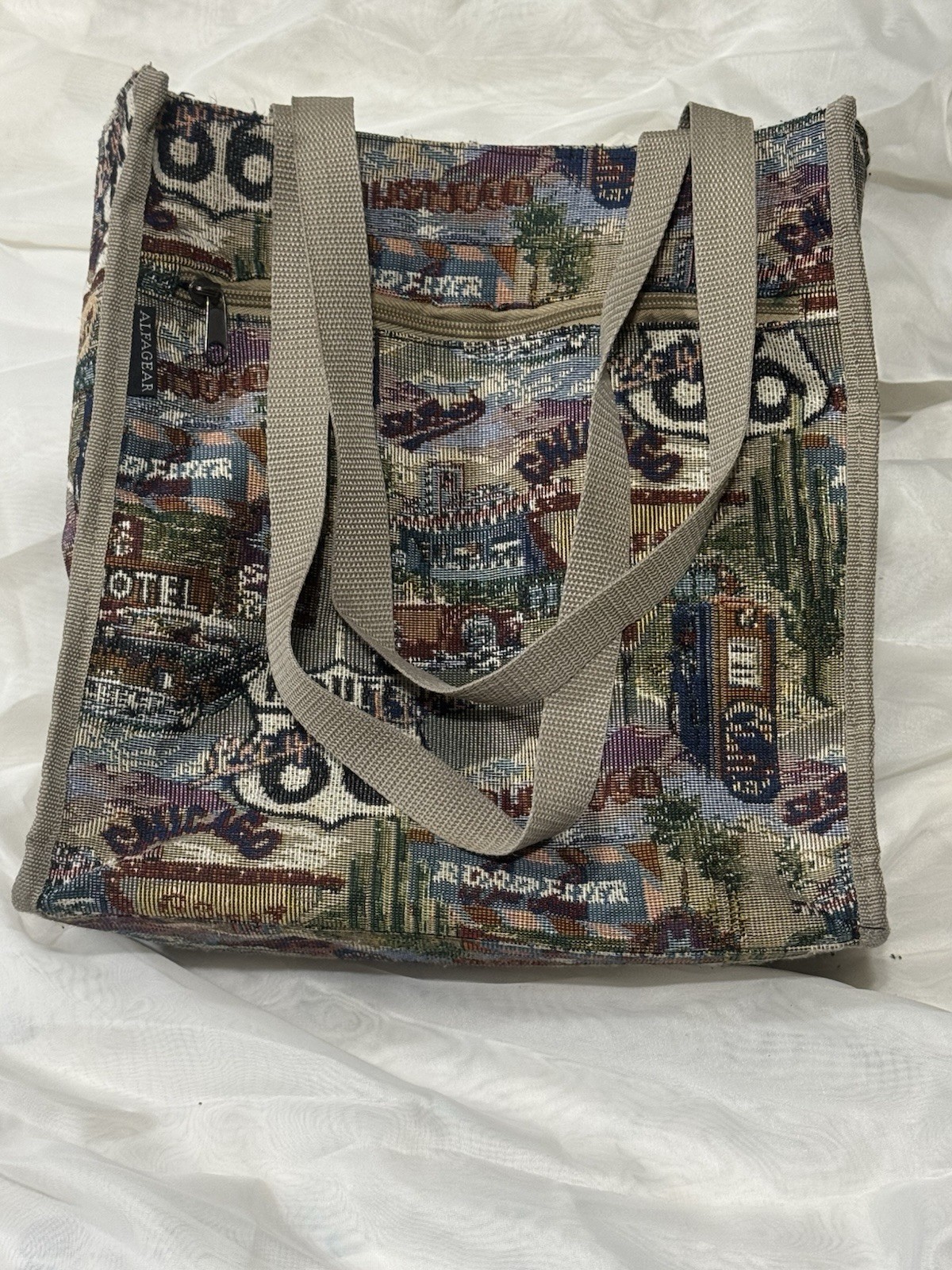 Vintage 90’s Route 66 Road Trip Tapestry Purse with Coin Purse Khaki Piping