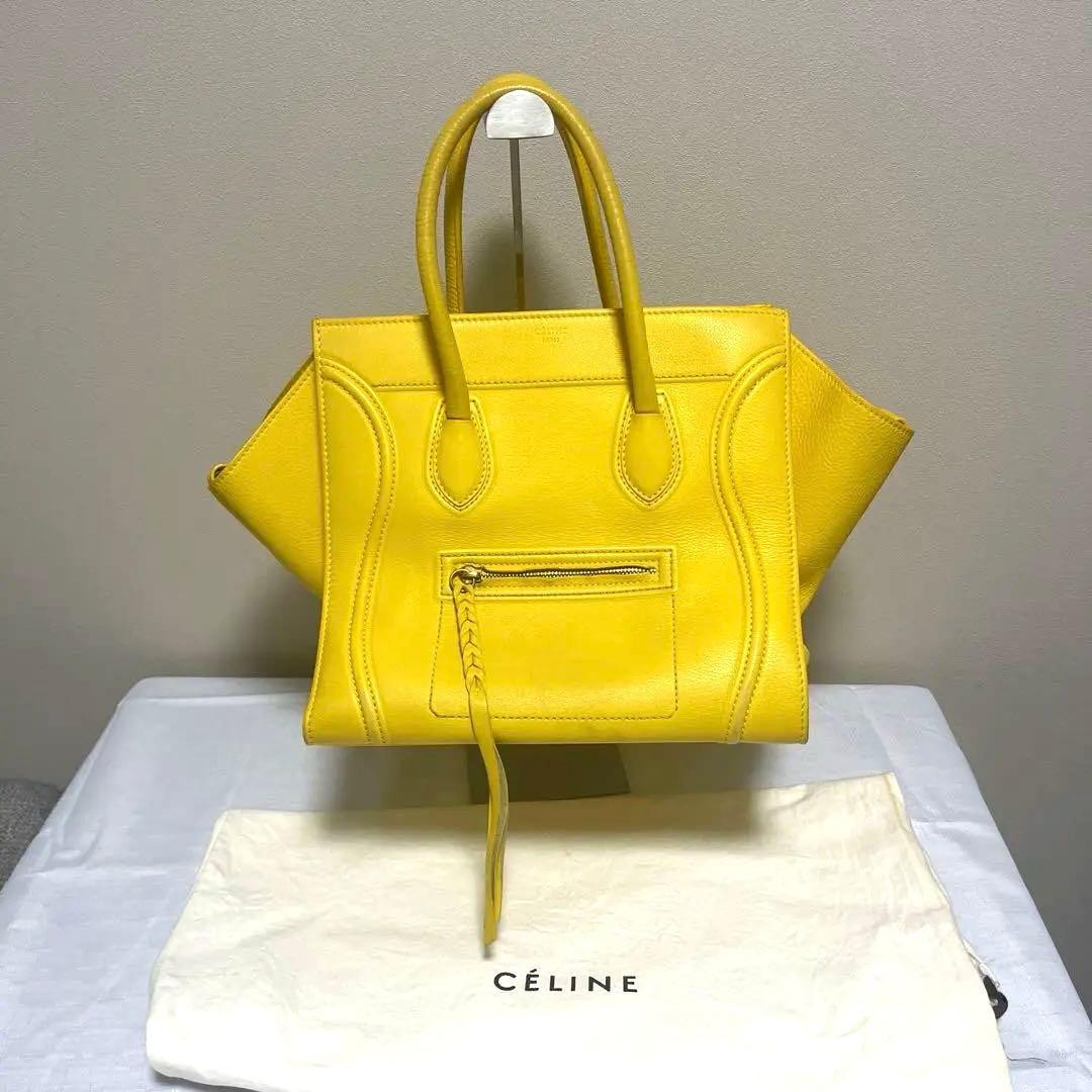 Celine Micro Luggage Tote Yellow Drummed Calfskin Leather Handbag Authentic