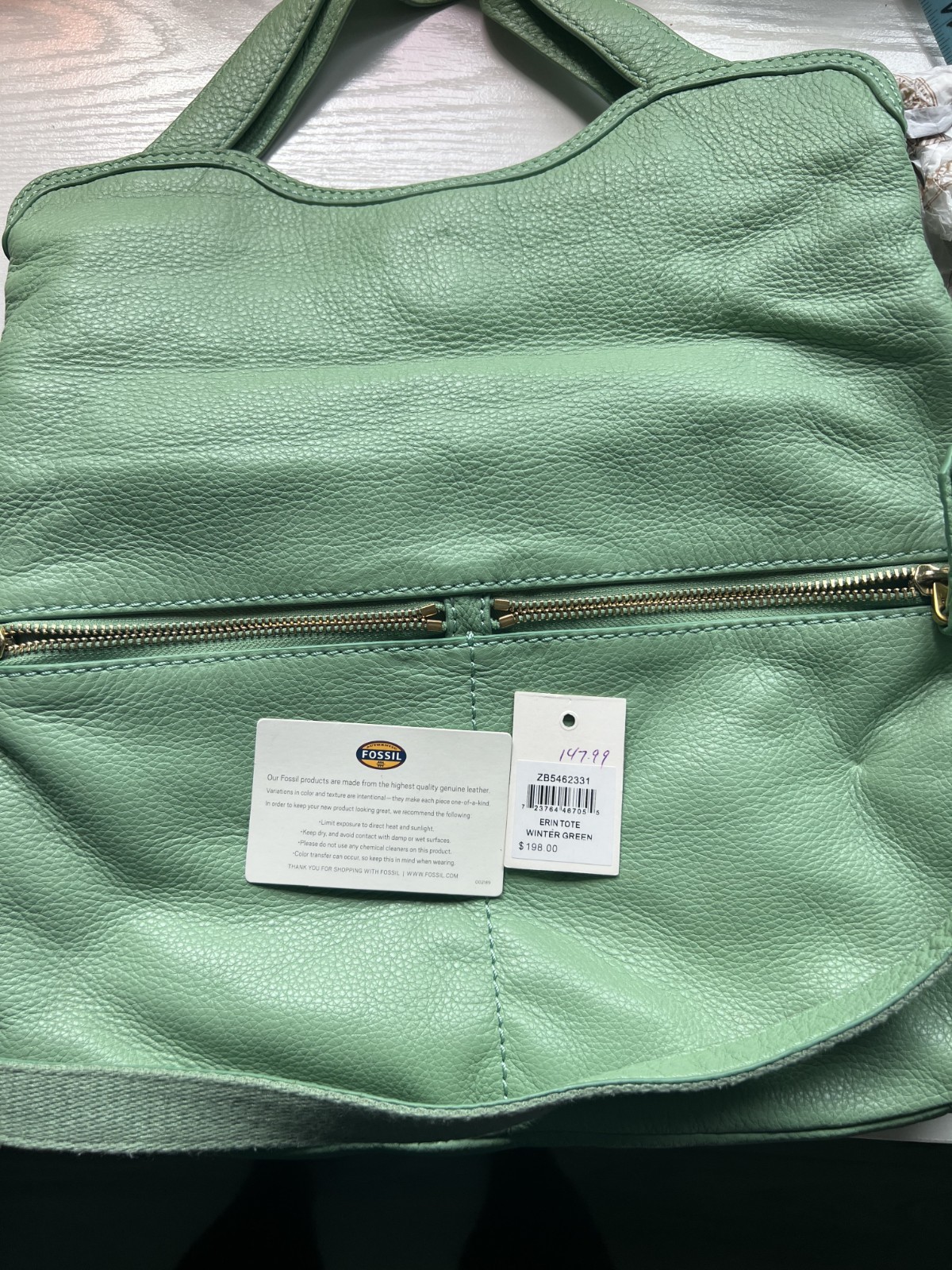 Fossil Erin Tote Winter Green Pebbled Leather Shoulder Bag Tags Dust Bag NWOT