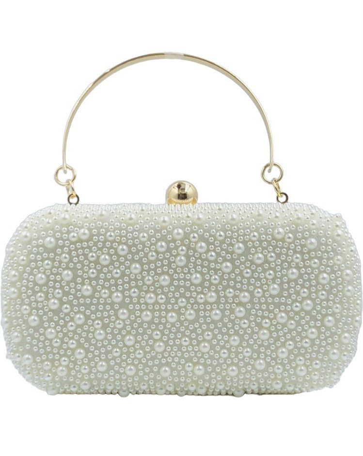 Boutique De FGG Beaded Clutch Purse White Mini Handbag Gold Tone Hardware