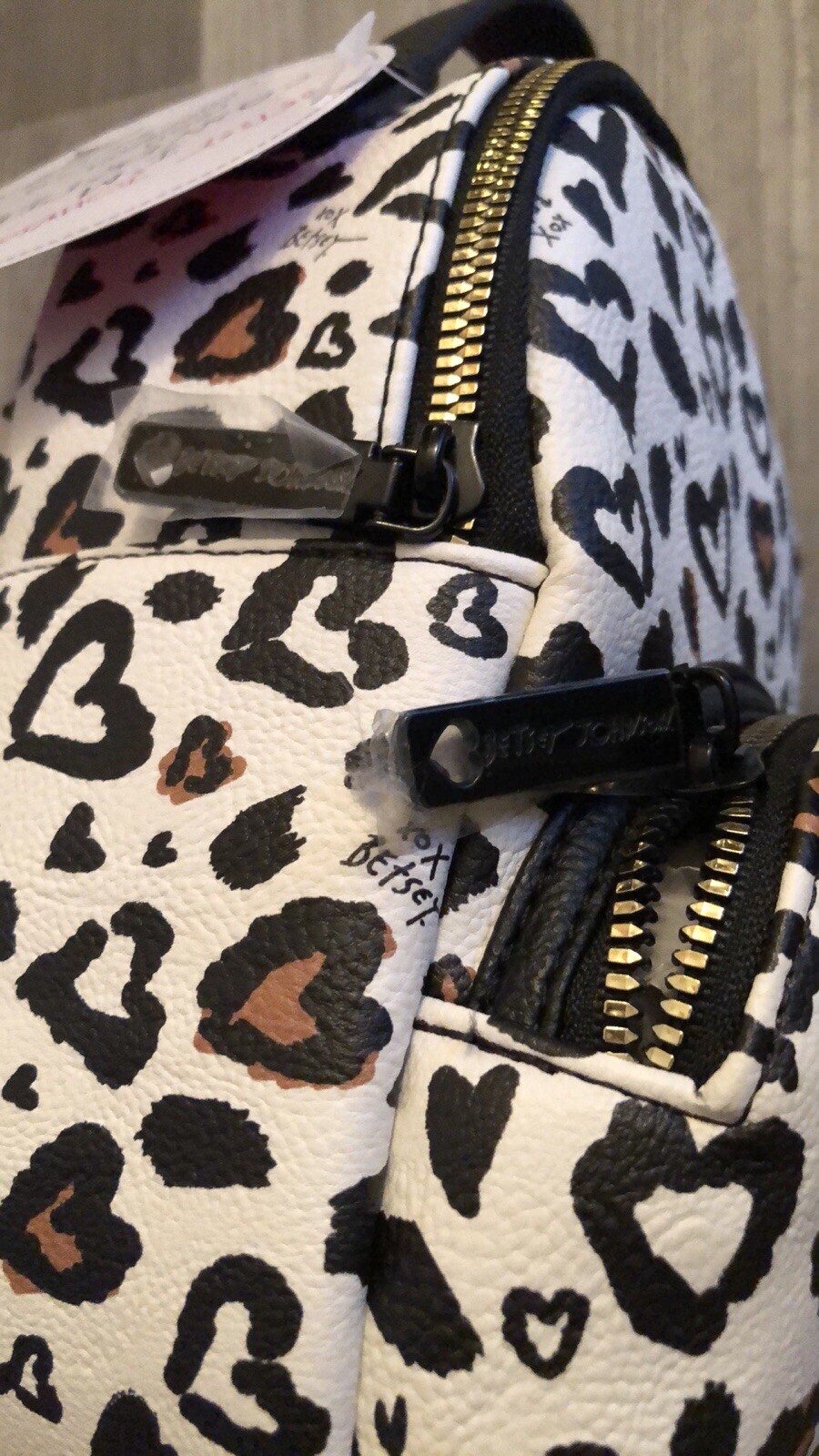 Betsey Johnson Black & White Multi Leopard Heart Print Dog Kitsch Backpack NWT