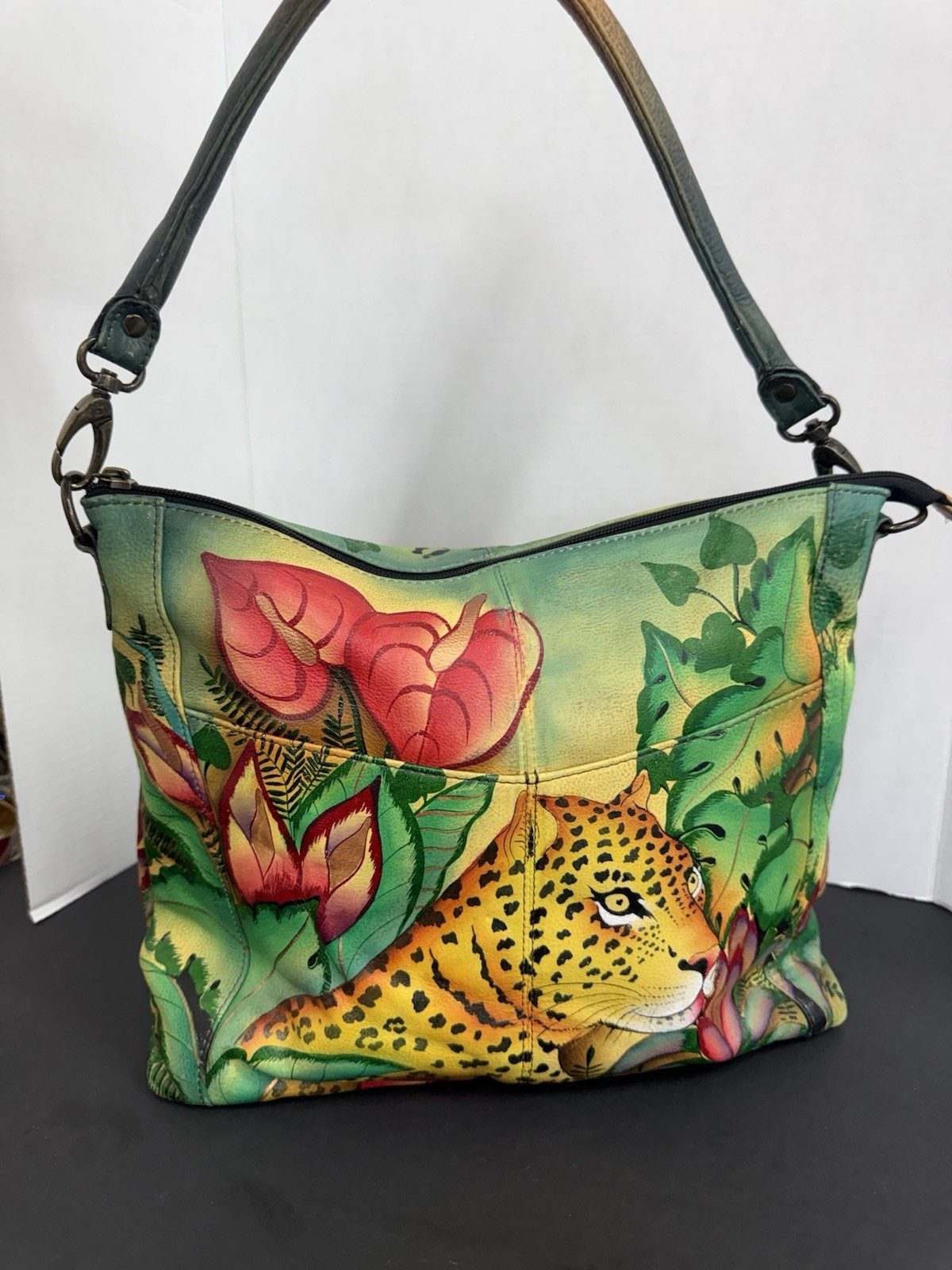Anuschka Hand Painted Leather Shoulder Bag Leopard Jungle + Dust Bag