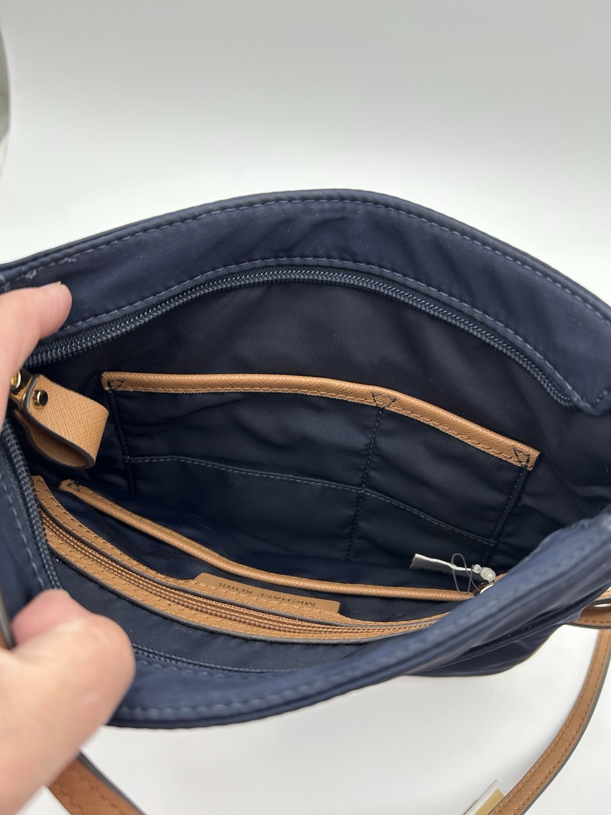 New Michael Kors Nylon Kelsey Navy with Tan Leather Trim Crossbody Bag Purse