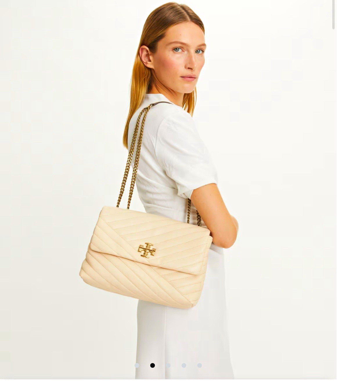Tory Burch Kira Chevron Quilted Convertible Chain Shoulder Bag Cream, Dust Bag