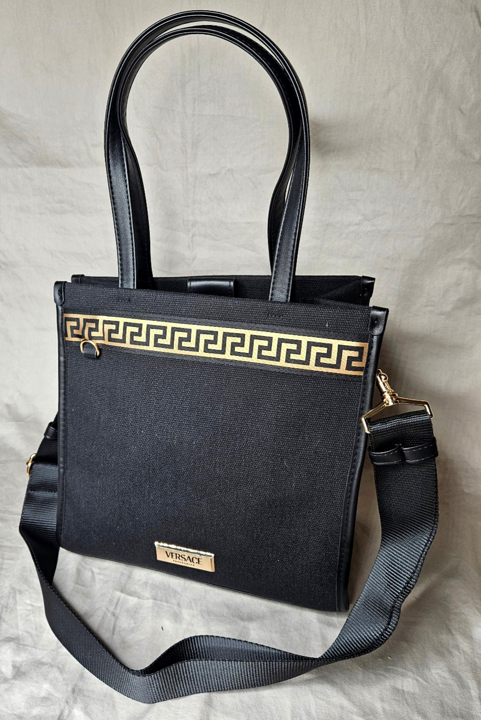 Versace Institutional Tote Bag Crossbody Handbag Black Gold Travel Womens NEW