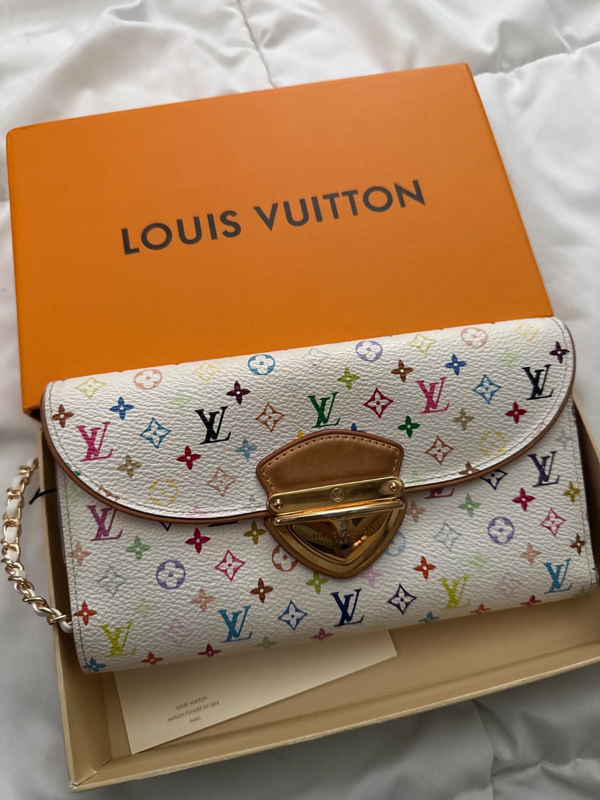 Authentic Louis Vuitton Eugenie Wallet on Chain White Multicolor Murakami M60050