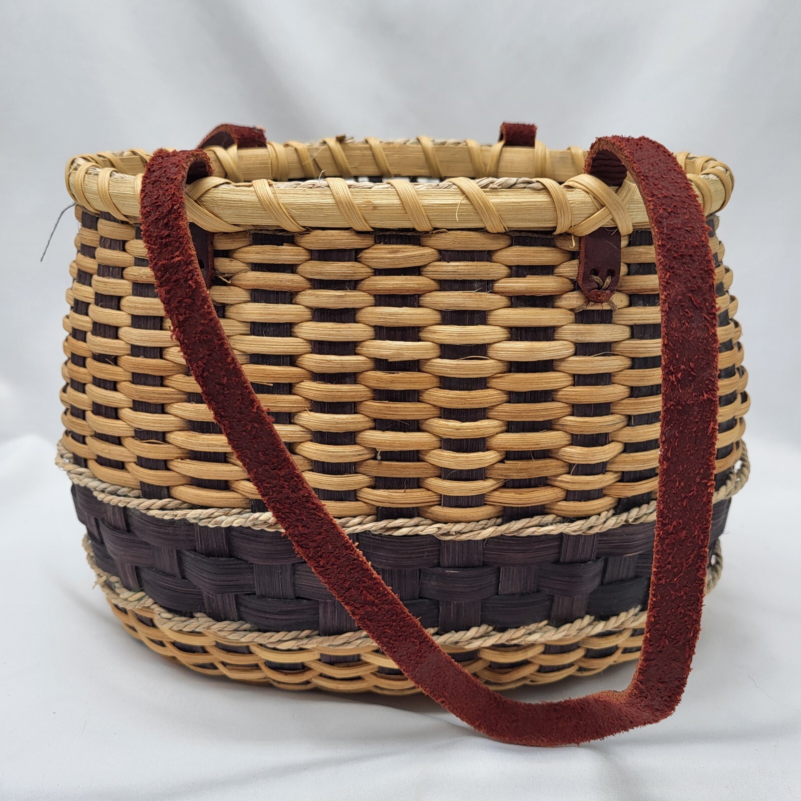 Woven Oak Basket Purse – Leather Straps – Lined – Cinch Cloth Top – 7.5″x11″