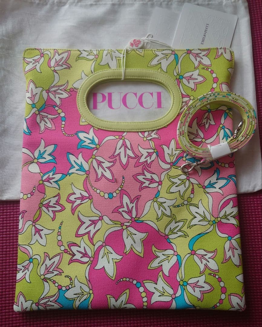 Pucci Pink Green Floral Tote Bag Lined Interior w/ Strap Tag 14.6×11.8in