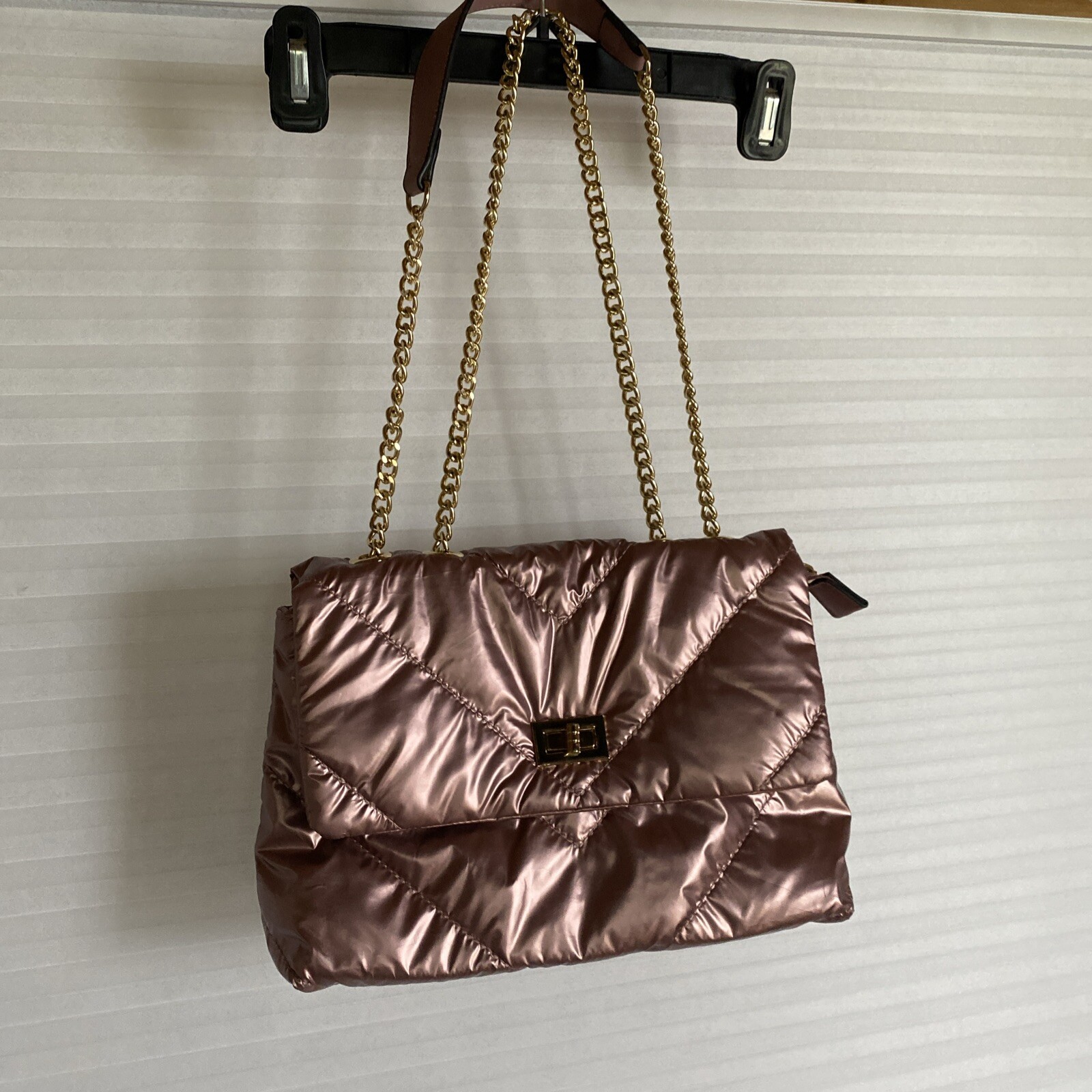 Pink Faux Quilted Purse Adjustable Chain Strap 3 Pockets 7 X 11.5 in