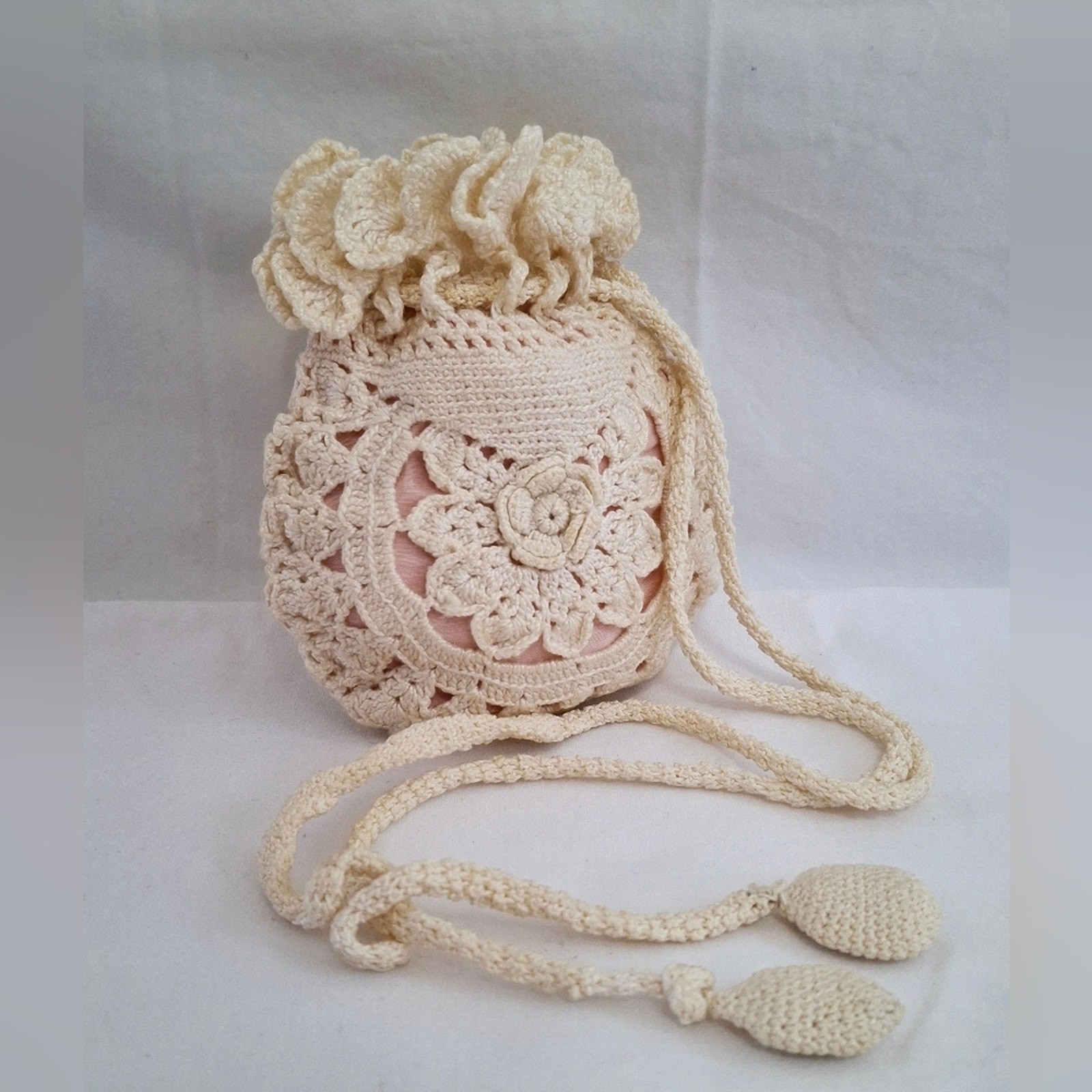 Antique Vintage Crochet Flower Wedding Reticule Victorian/Edwardian Purse Bag