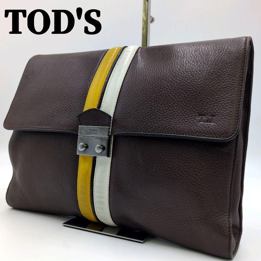 Tod’s A4 Leather Clutch Bag Double Stripe Brown Pre-owned Height 27 Width 34cm