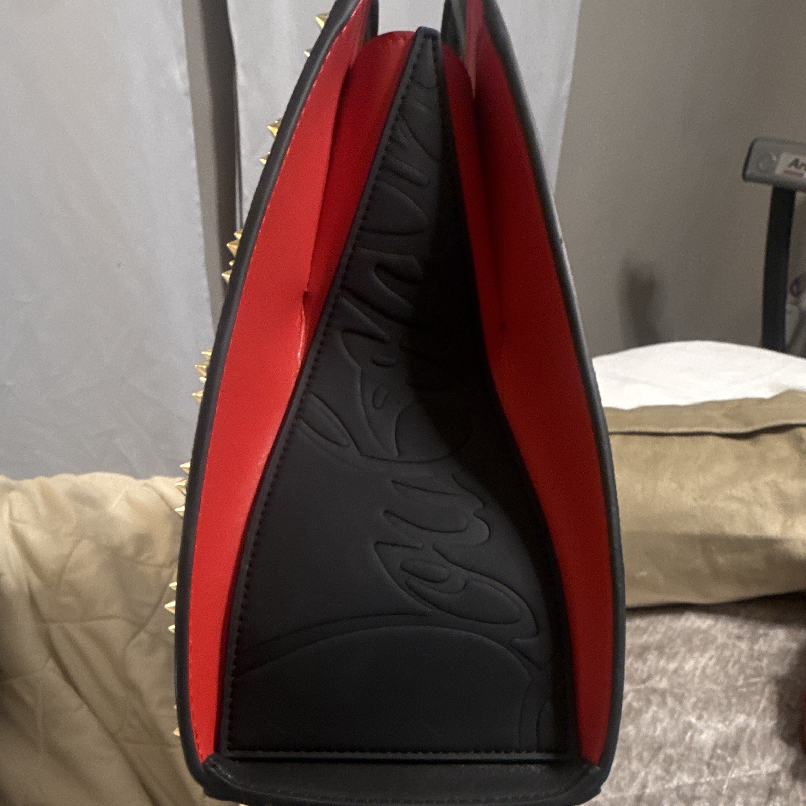 CL Black Studded Logo Tote, Detachable Strap, Zip, Red Lining