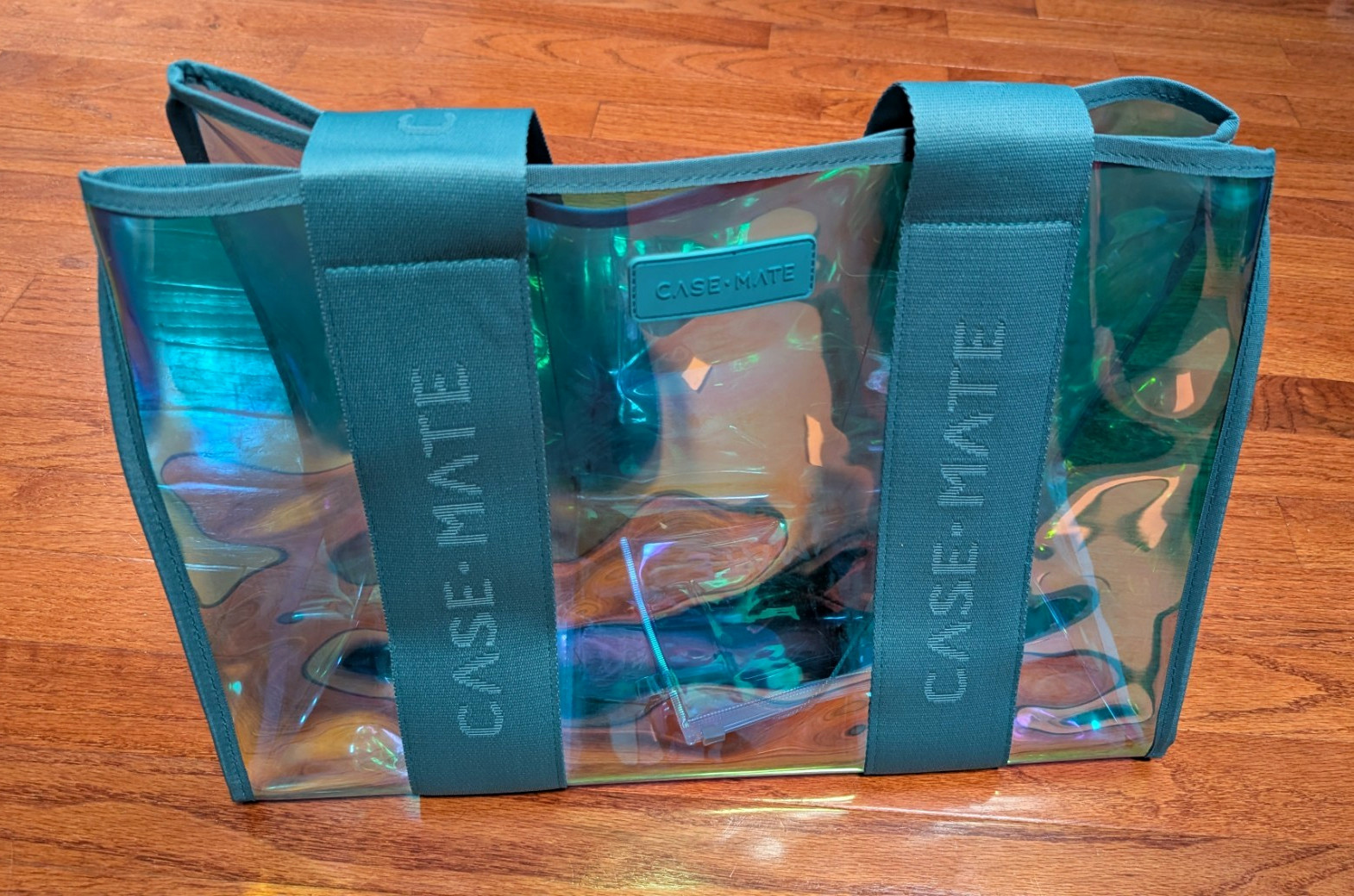 Case-Mate Iridescent Clear Tote Bag Large Blue Double Handles w/ Zip Pouch