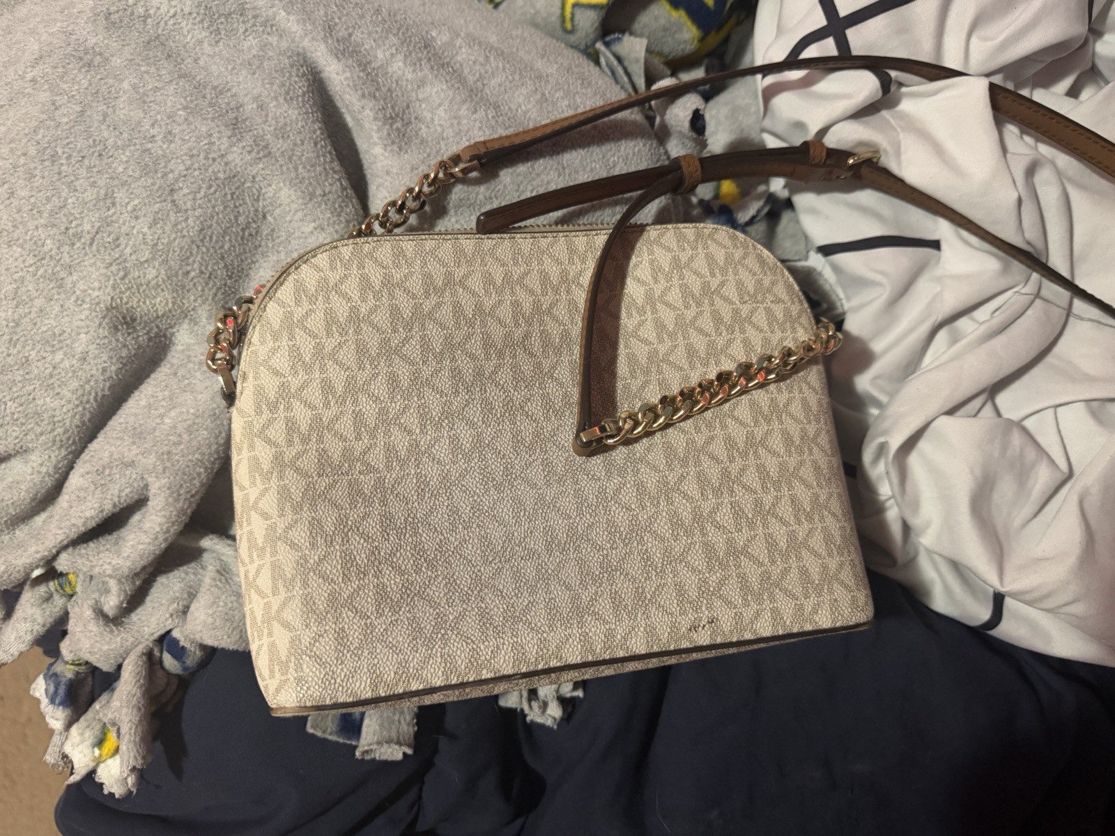 Michael Kors Jet Set Small Beige Logo Crossbody Bag Brown Strap Gold Hardware