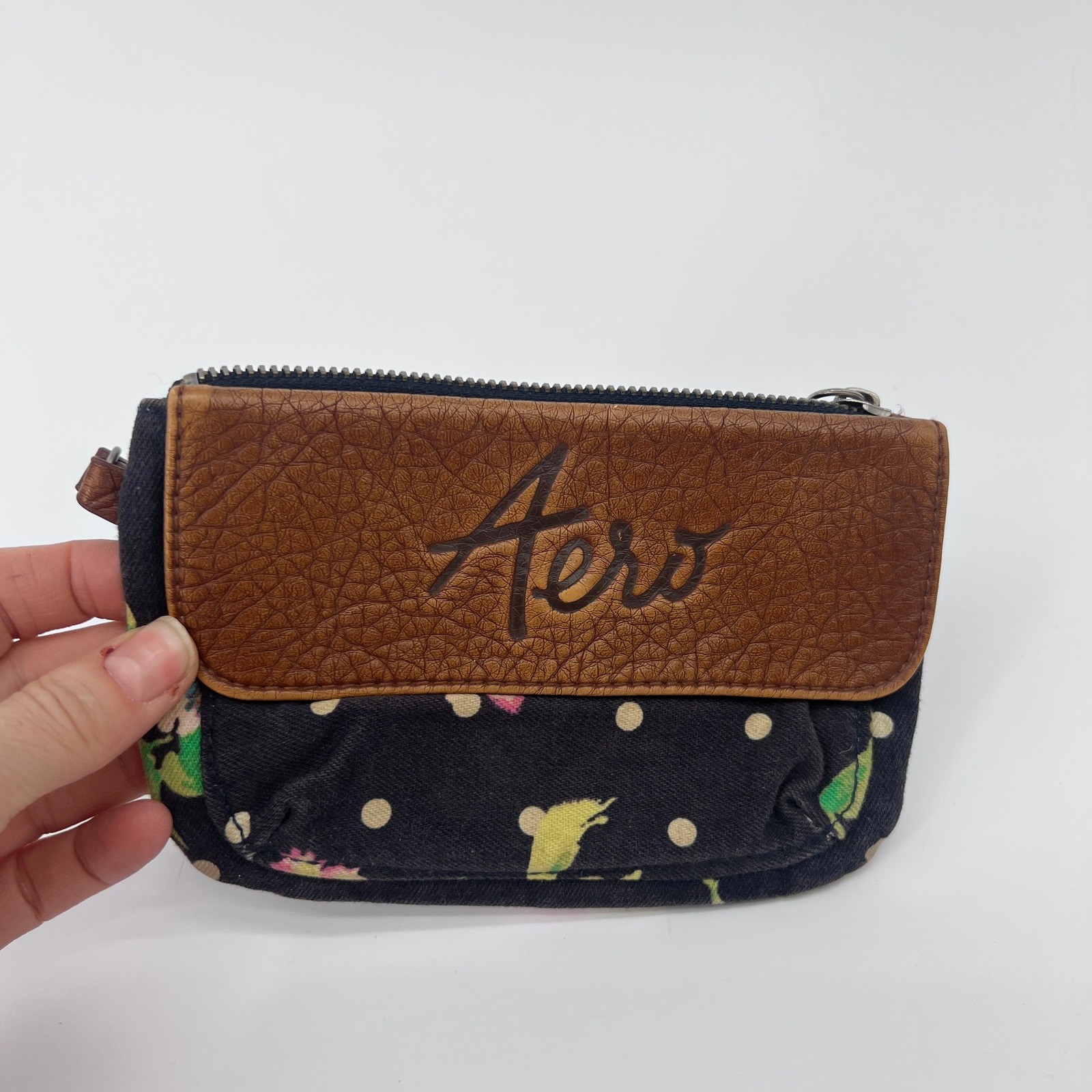 Aeropostale Floral Fabric Faux Leather Wristlet Boho Cottage Core Earthy Cute