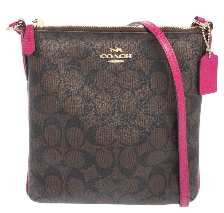 Coach Signature Brown/Pink Crossbody Bag Detachable Strap Zip Top Gold