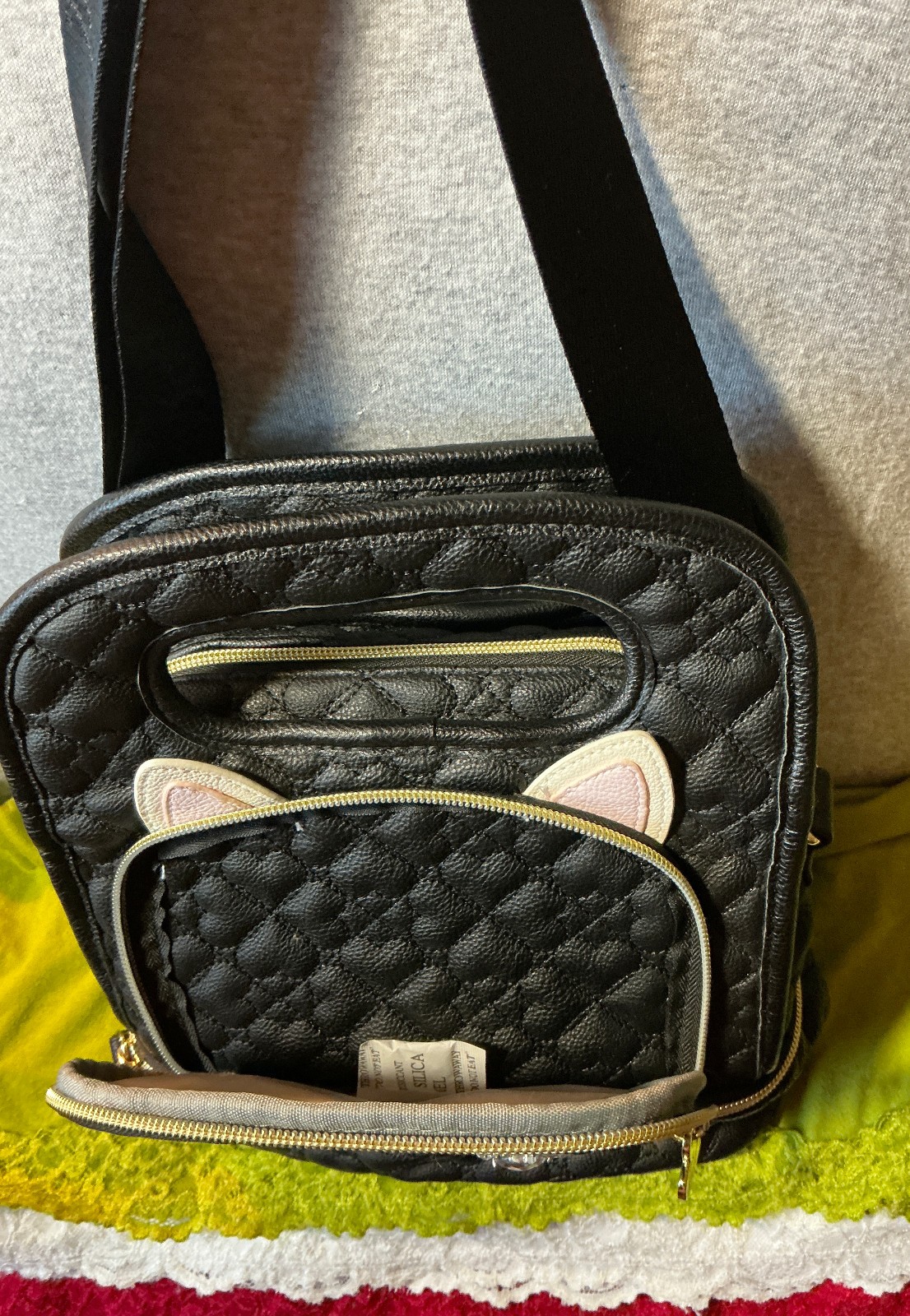 Bestey Johnson Black Cat Quilted Faux Leather Zip Shoulder Bag Lunch Box