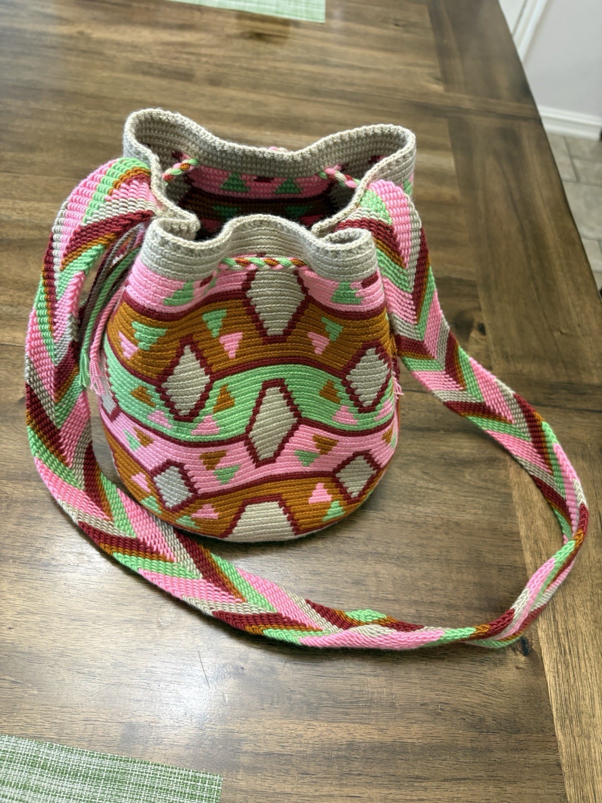Handmade Crochet Drawstring Bucket Crossbody Bag Medium Multicolor With Tassel