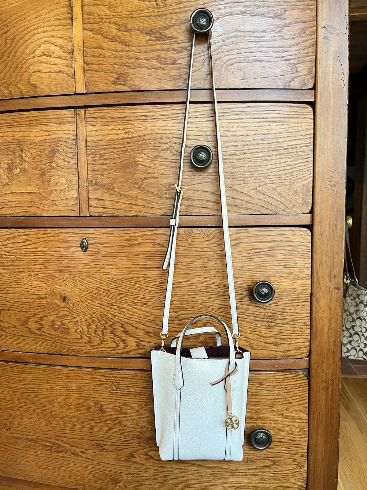 Tory Burch Ivory Pebbled Leather Perry Mini North South Tote Crossbody