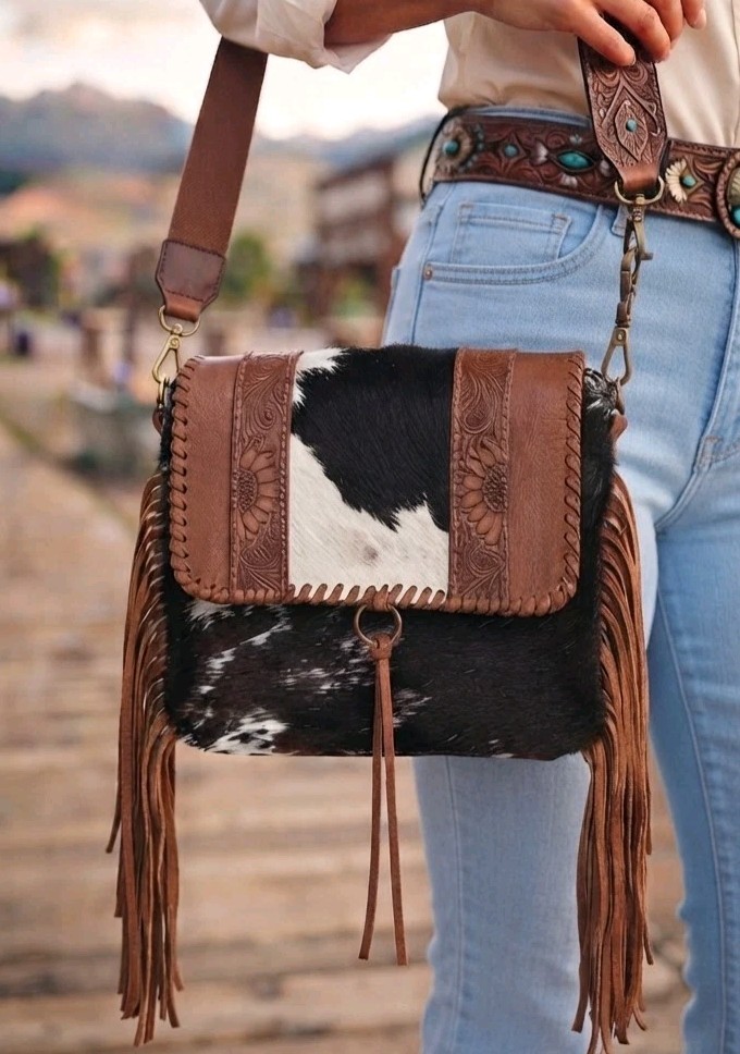 Myra Bag Cowhide & Hand Tooled Leather Crossbody Western Fringe Adjustable Strap